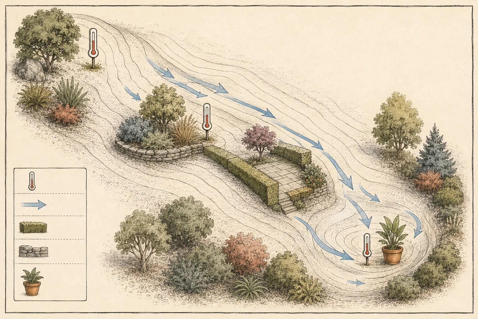 Hand-drawn garden map showing cold air draining downhill through contours toward a low potted-plant pocket, with three thermometer positions