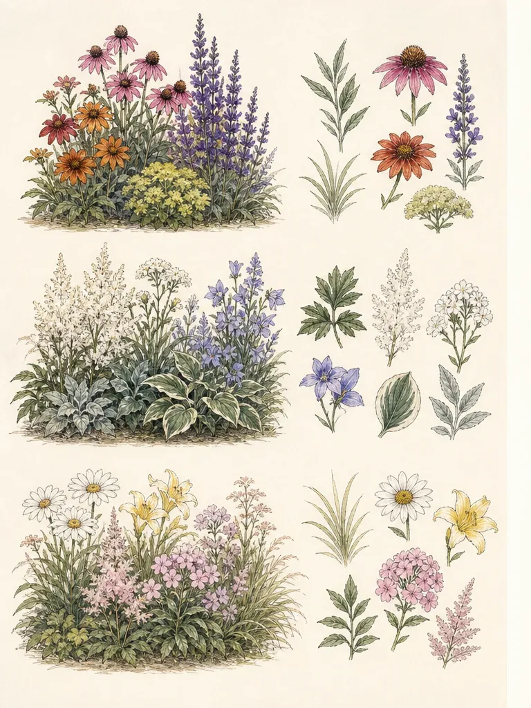 Three botanical groupings demonstrate analogous violet-blue, complementary violet-yellow, and monochromatic pale-to-deep pink relationships