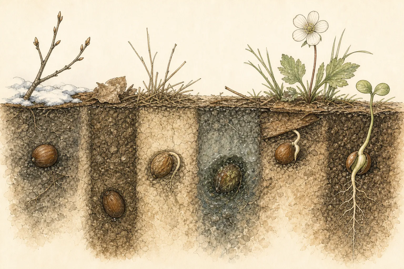 Diagnostic comparison of a sound ungerminated seed, rotted seed, seedling trapped by deep sowing, dried radicle, and damping-off collapse