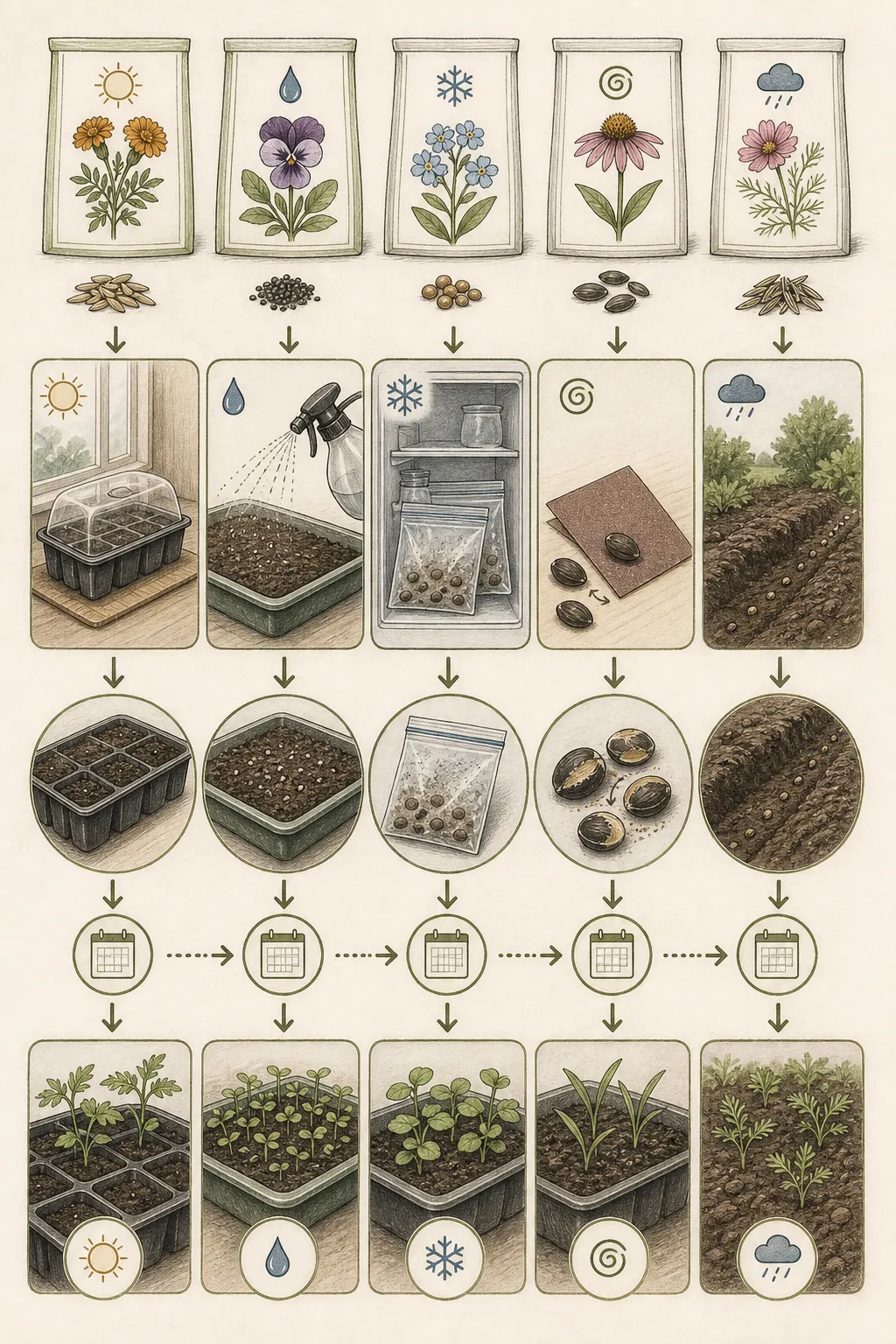 A propagation board shows labeled trays, refrigerator stratification bags, surface-sown flats, and direct-sow packets arranged into separate work batches