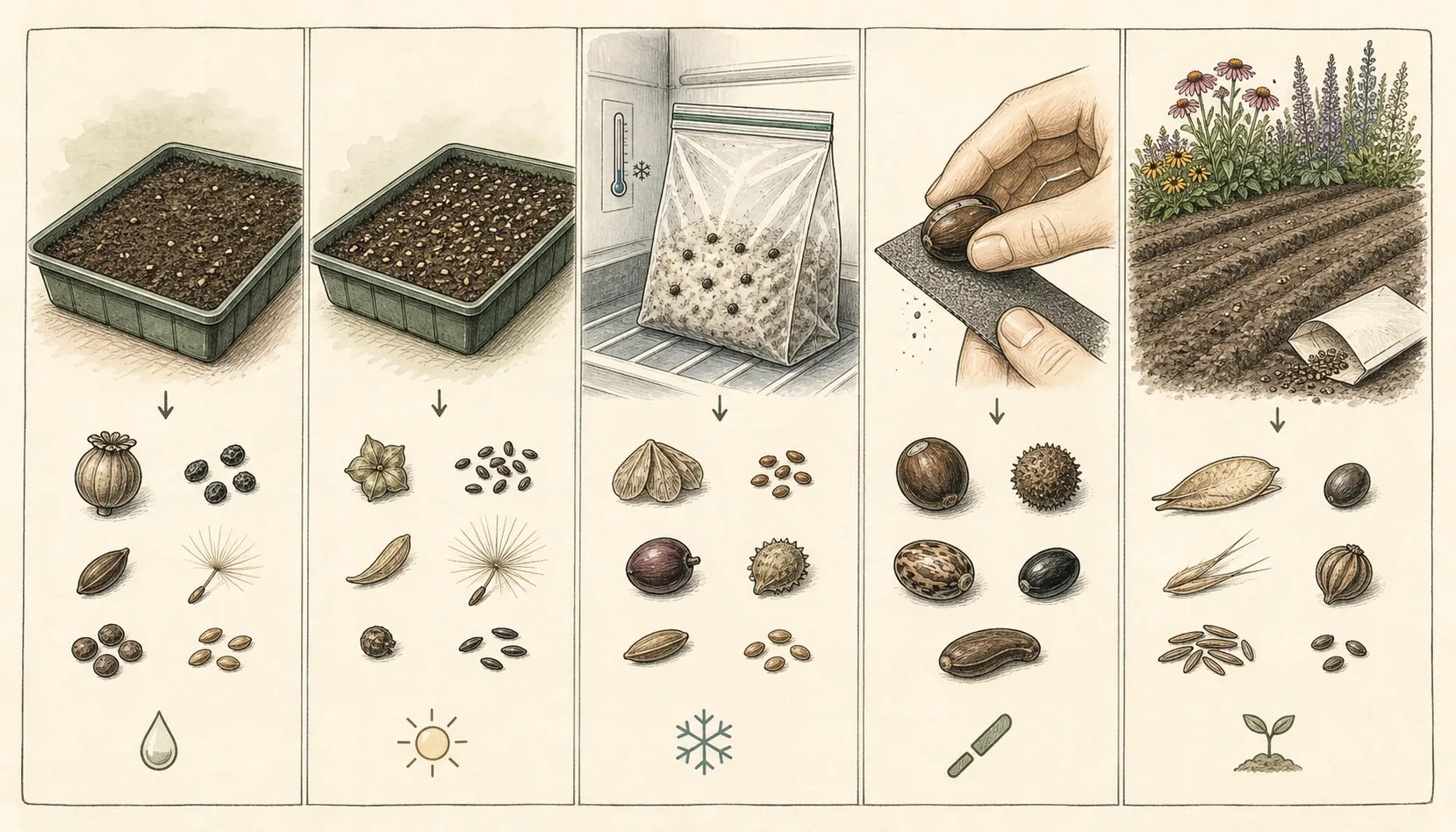 A matrix sorts ornamental flower seeds into no pretreatment, light-dependent, lightly covered, cold-stratified, and hard-coated categories with examples
