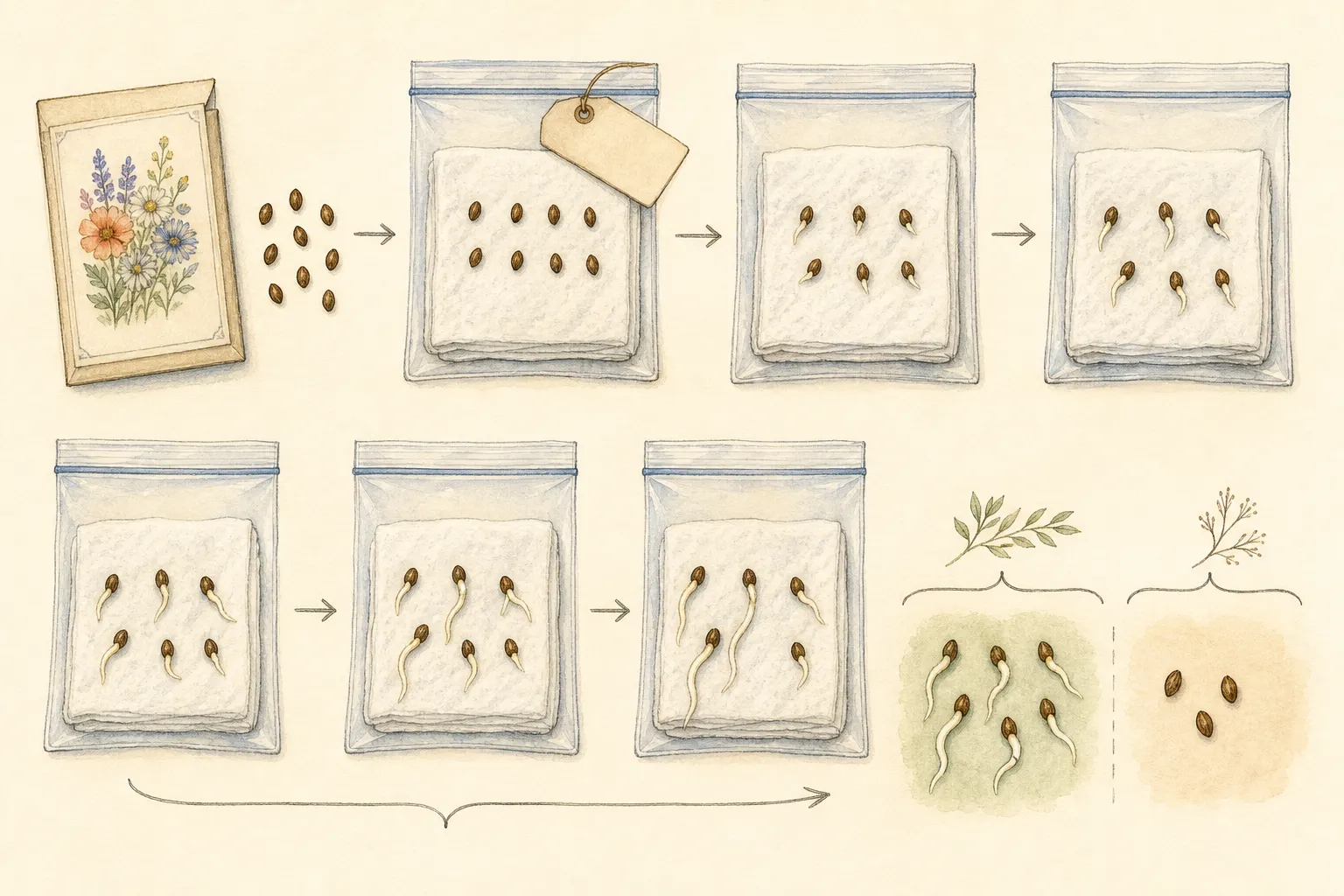 Labeled flower-seed germination test showing counted seeds on moist paper, a covered container, daily observations, and normal seedlings