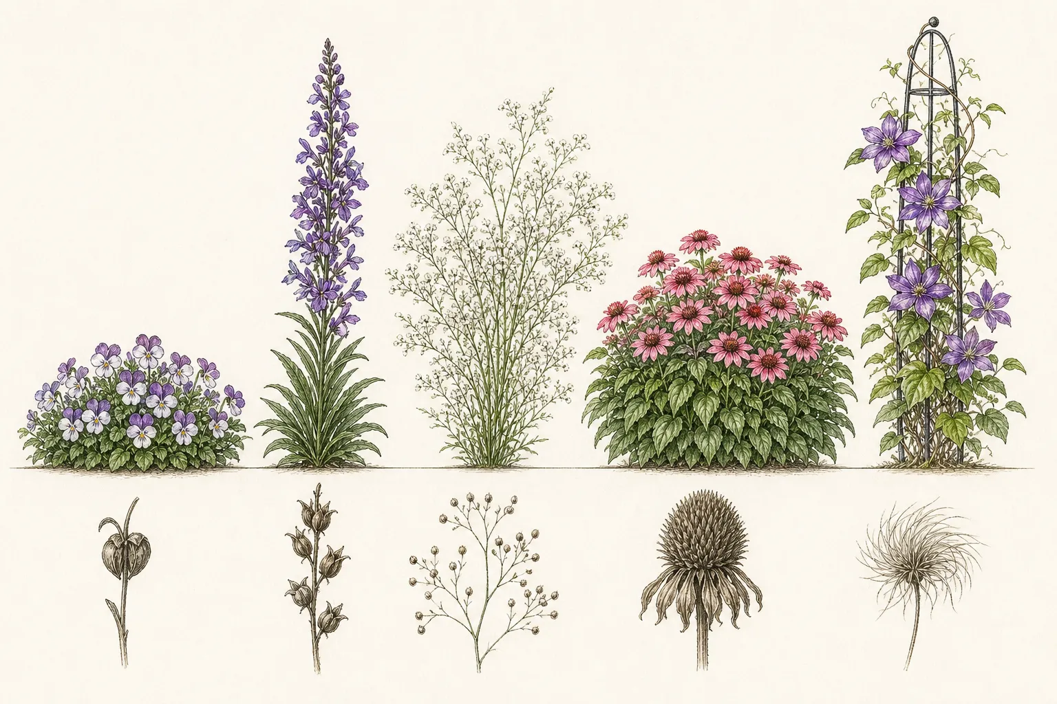 Botanical comparison of low edging, upright spike, airy filler, broad mound, and climbing ornamental flower habits