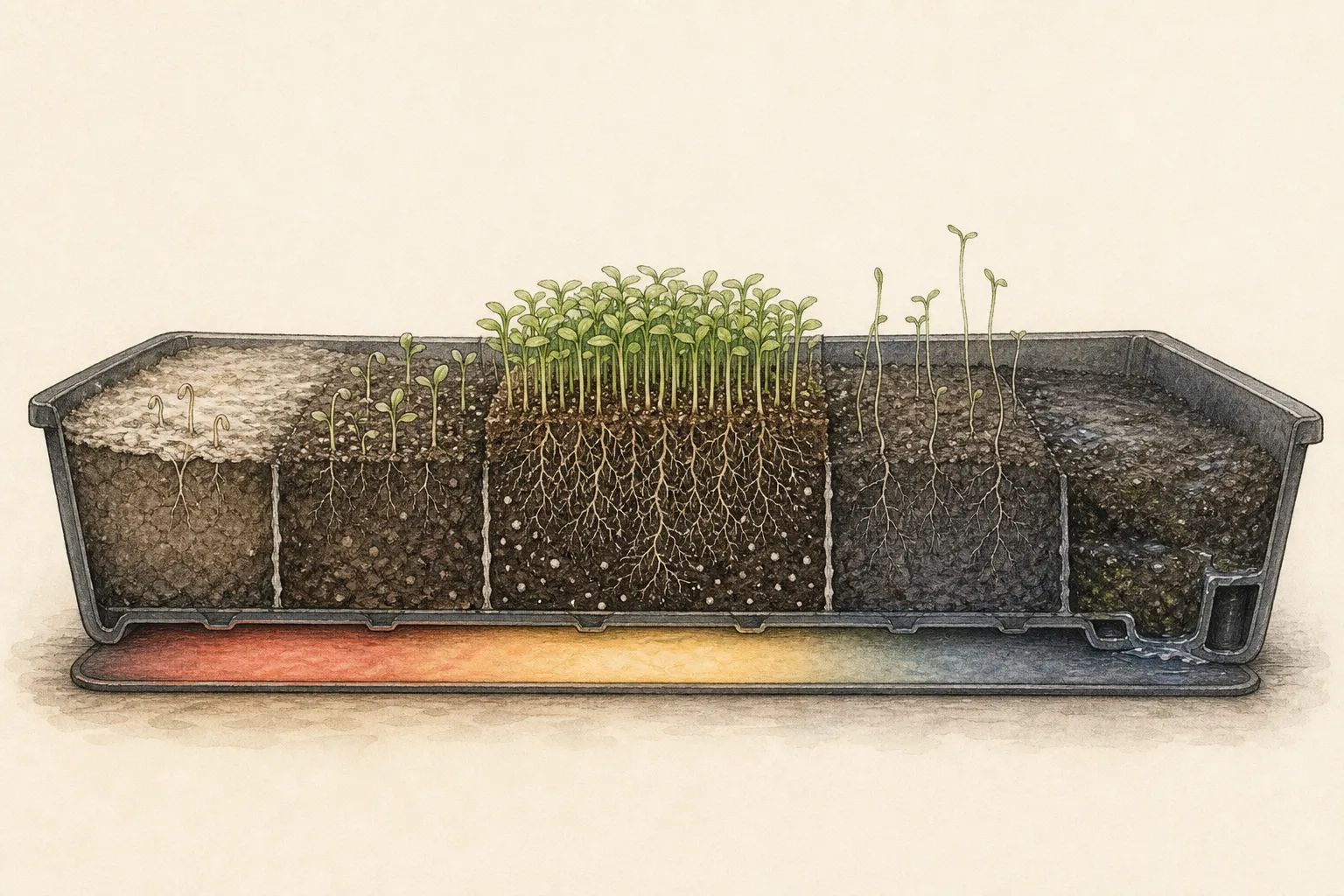 Cross-section of a seed tray showing correct surface moisture, saturated lower cells, blocked drainage, dry edge, heat-mat gradient, and sowing depth