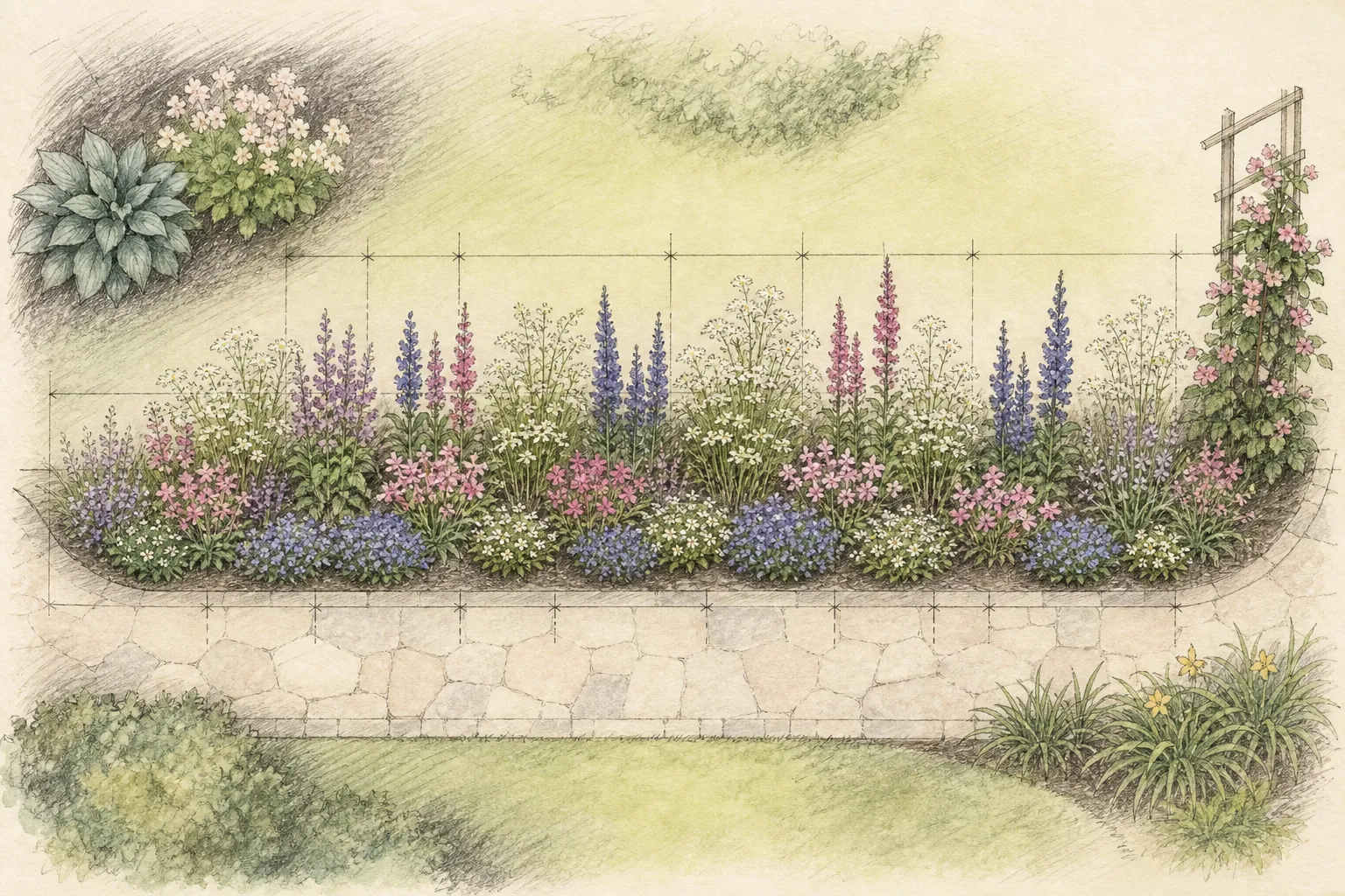 Ornamental border plan assigning low edges, vertical accents, airy fillers, repeated drifts, and a climber to measured spaces