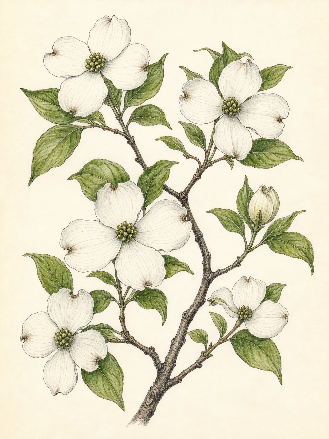 Flowering dogwood branch with opposite leaves and white notched bracts surrounding the compact true-flower clusters