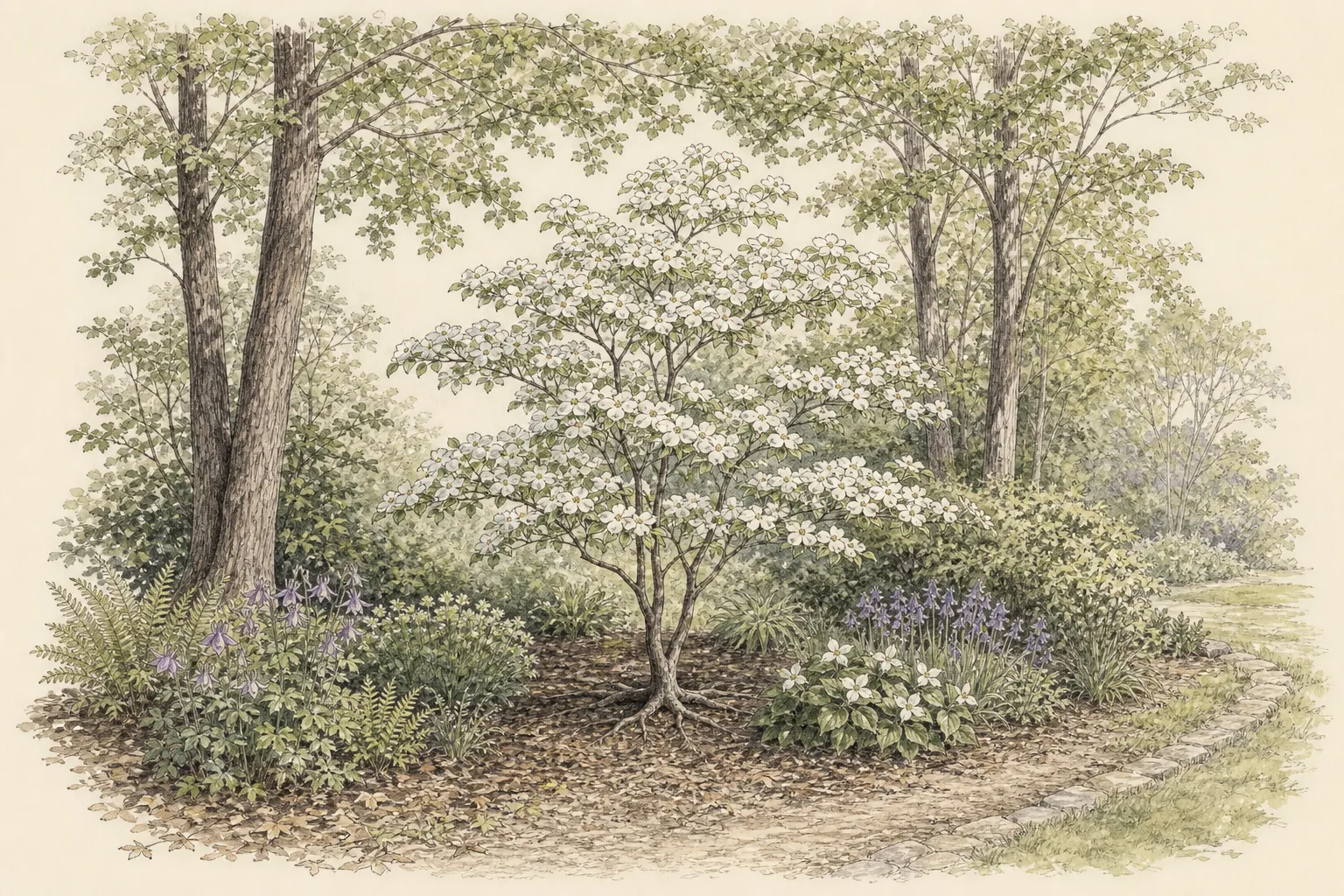 Flowering dogwood growing as a small layered tree at a lightly shaded woodland edge above a restrained understory