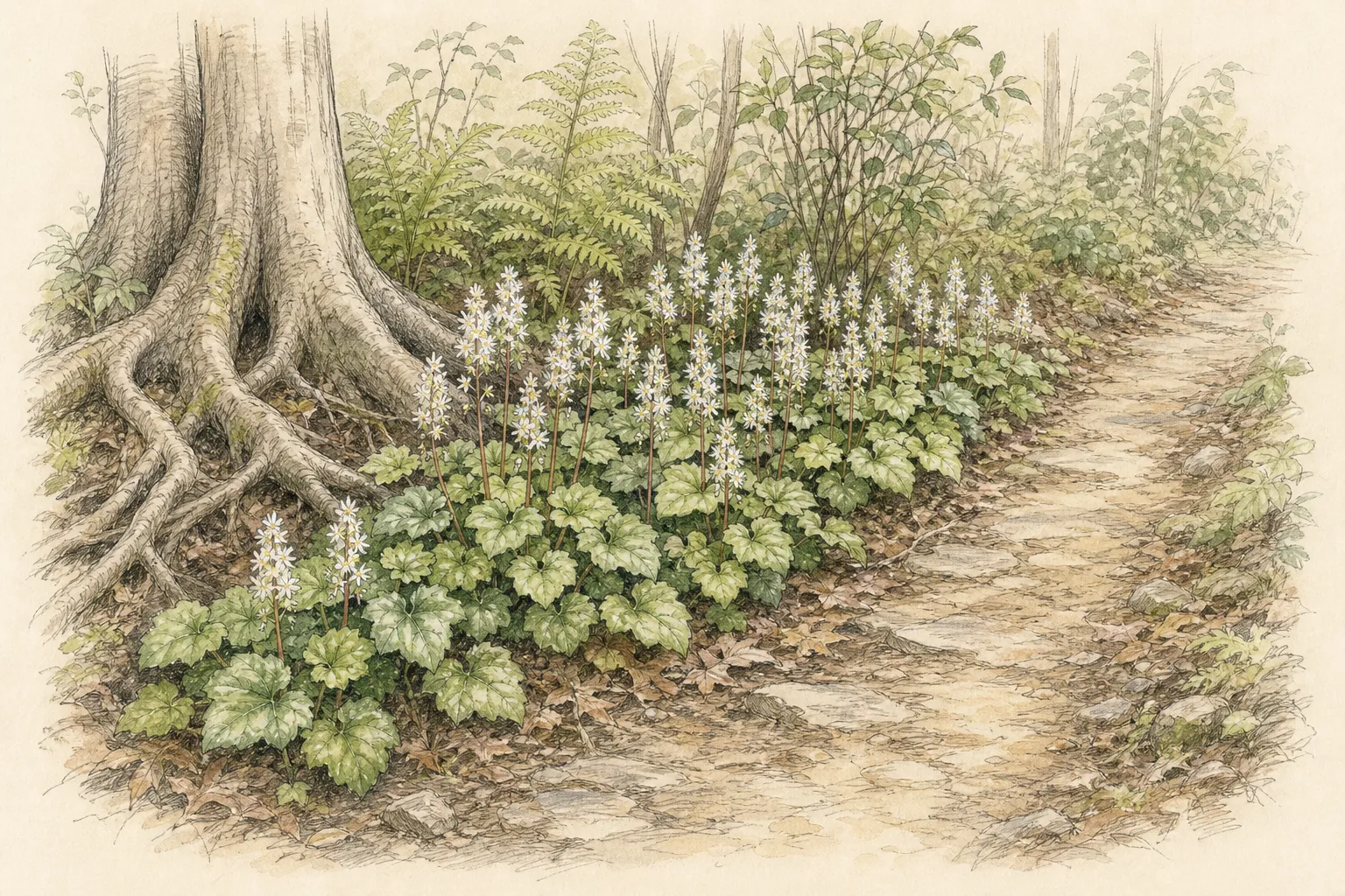 Garden placement study showing mature Foamflower in an ornamental planting