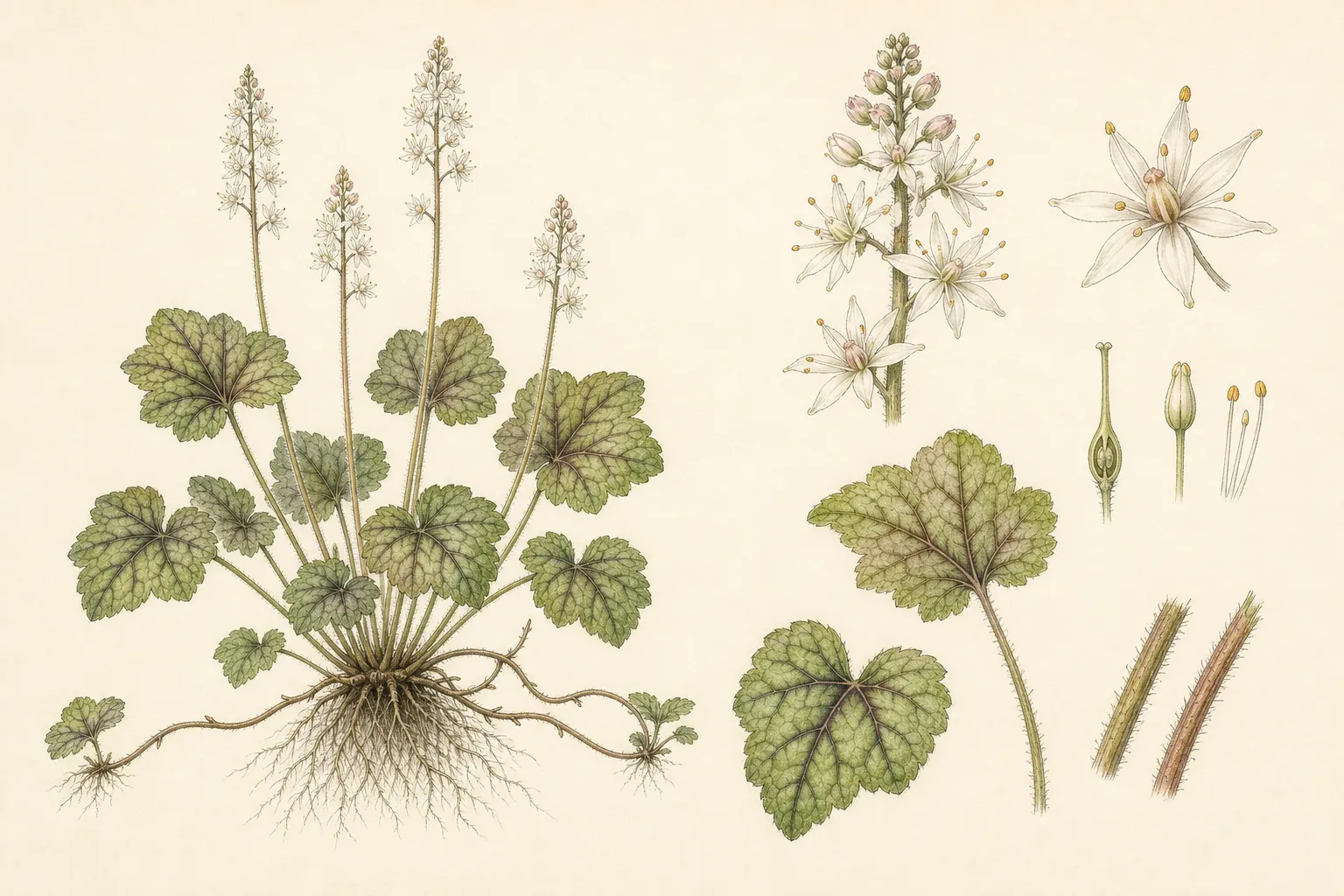 Botanical identification plate of Foamflower, Tiarella cordifolia