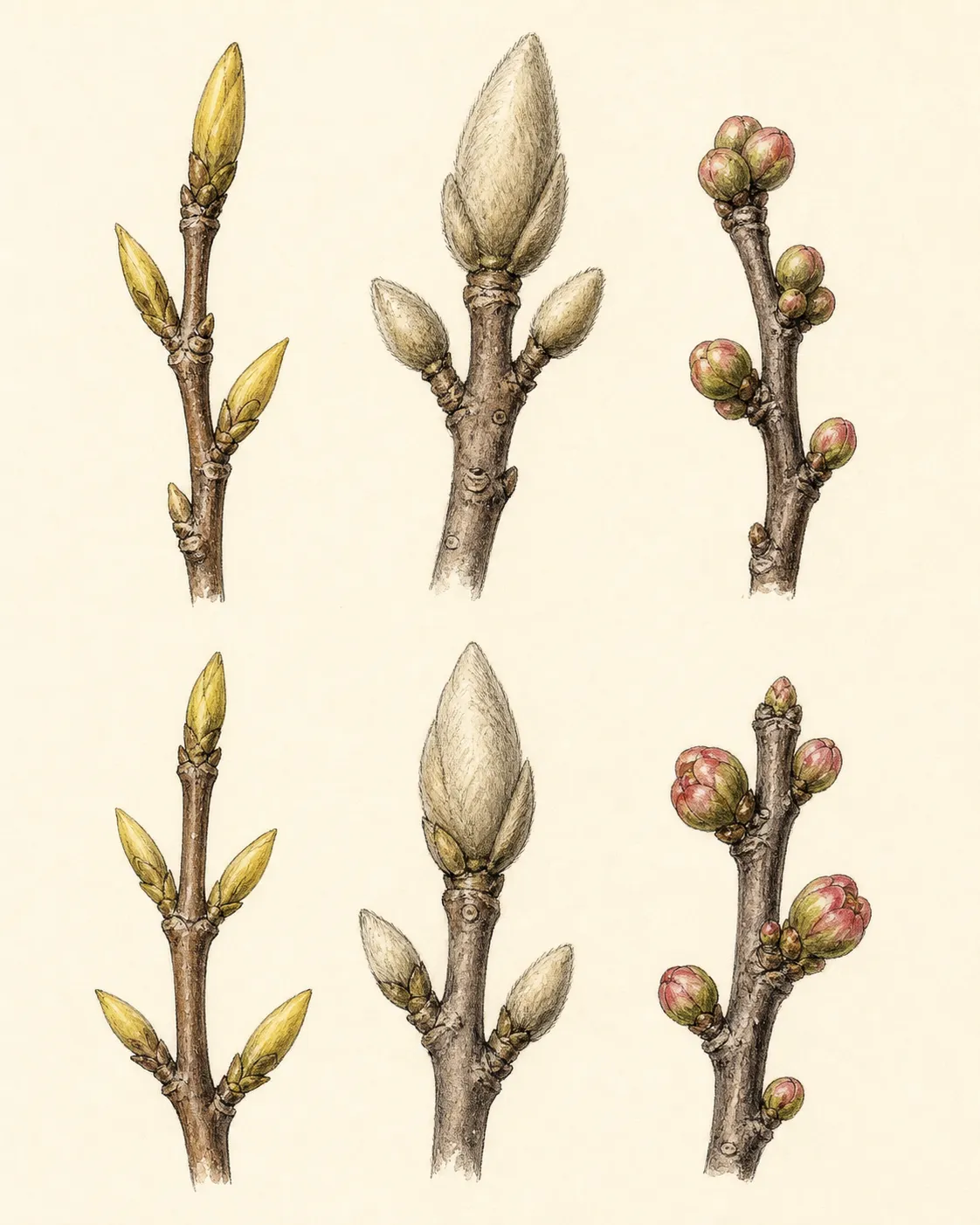 Botanical comparison of rounded flower buds and narrower leaf buds on several spring-flowering shrub twigs