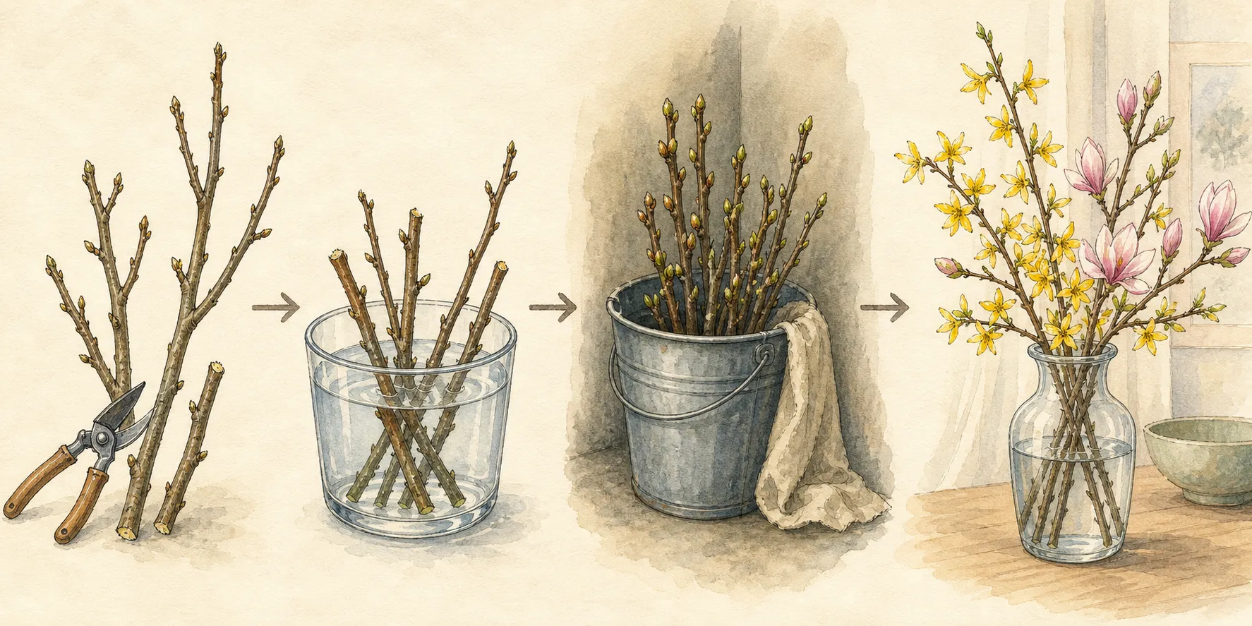Sequence showing a branch cut to a side shoot, conditioned in cool water, opening buds, and a finished indoor arrangement