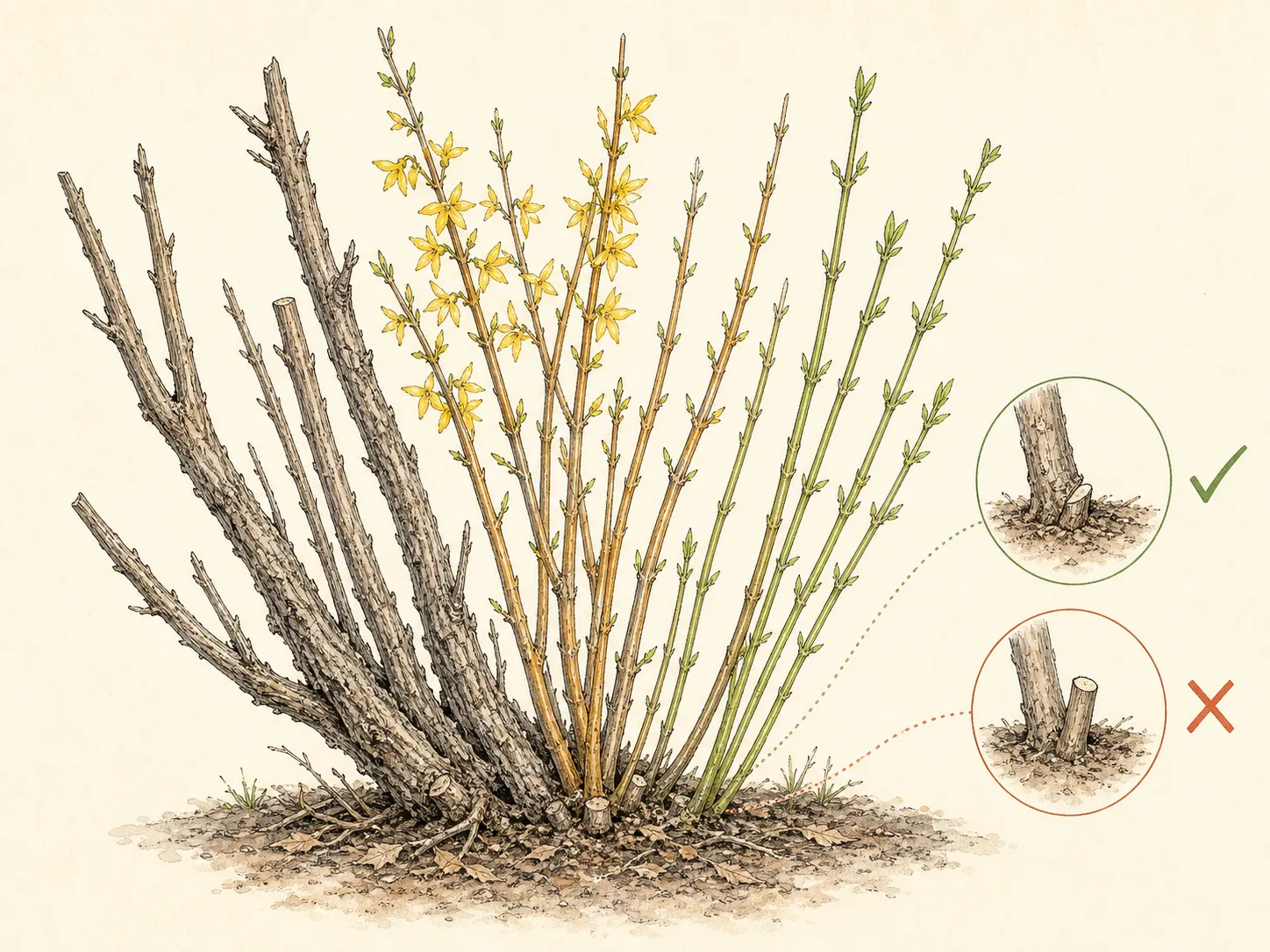 Botanical diagram distinguishing old rough canes, middle-aged flowering canes, new basal shoots, and correct ground-level removal