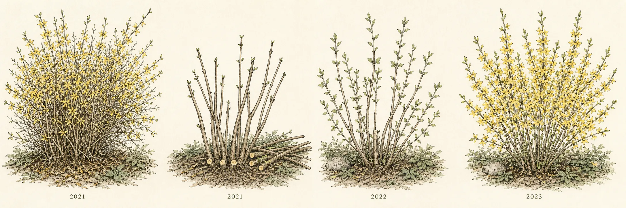 Four-stage sequence showing an overgrown flowering forsythia, old-cane removal, balanced regrowth, and renewed bloom over three years