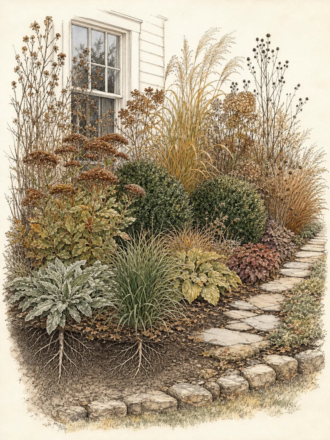 Late-season foundation border held by evergreen mounds, grass blades, sedum seedheads and persistent foliage