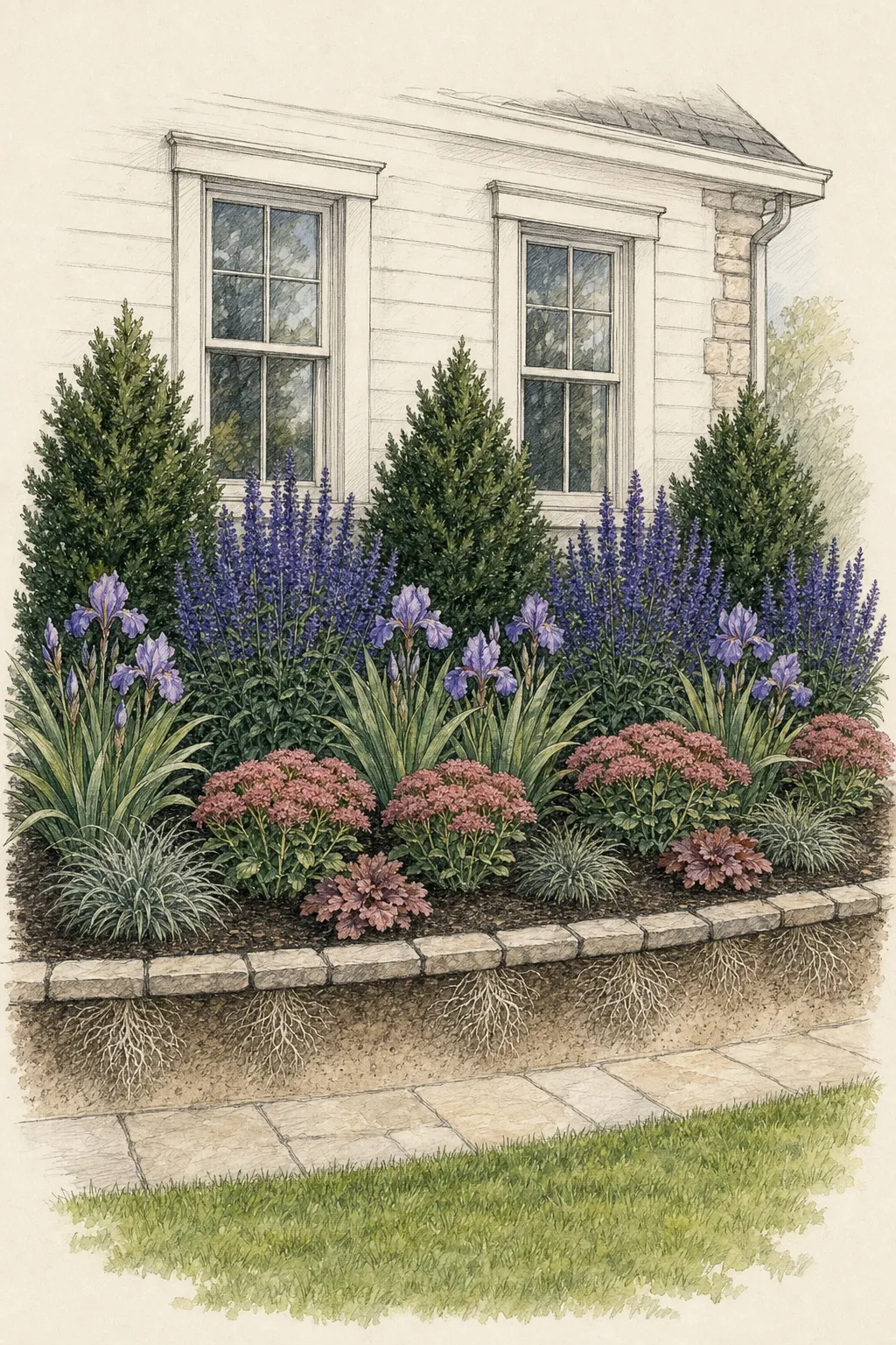 Foundation border with low evergreen structure, iris, salvia and sedum arranged below clear windows