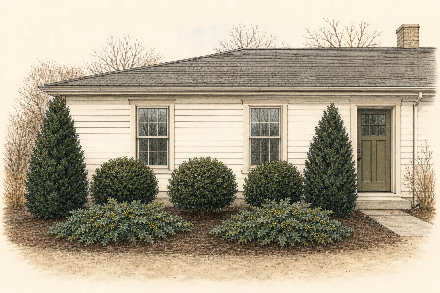 Front elevation of a one-story house framed by compact conical Hinoki cypresses, rounded inkberry hollies, and low spreading Oregon grape-hollies with clear windows and door