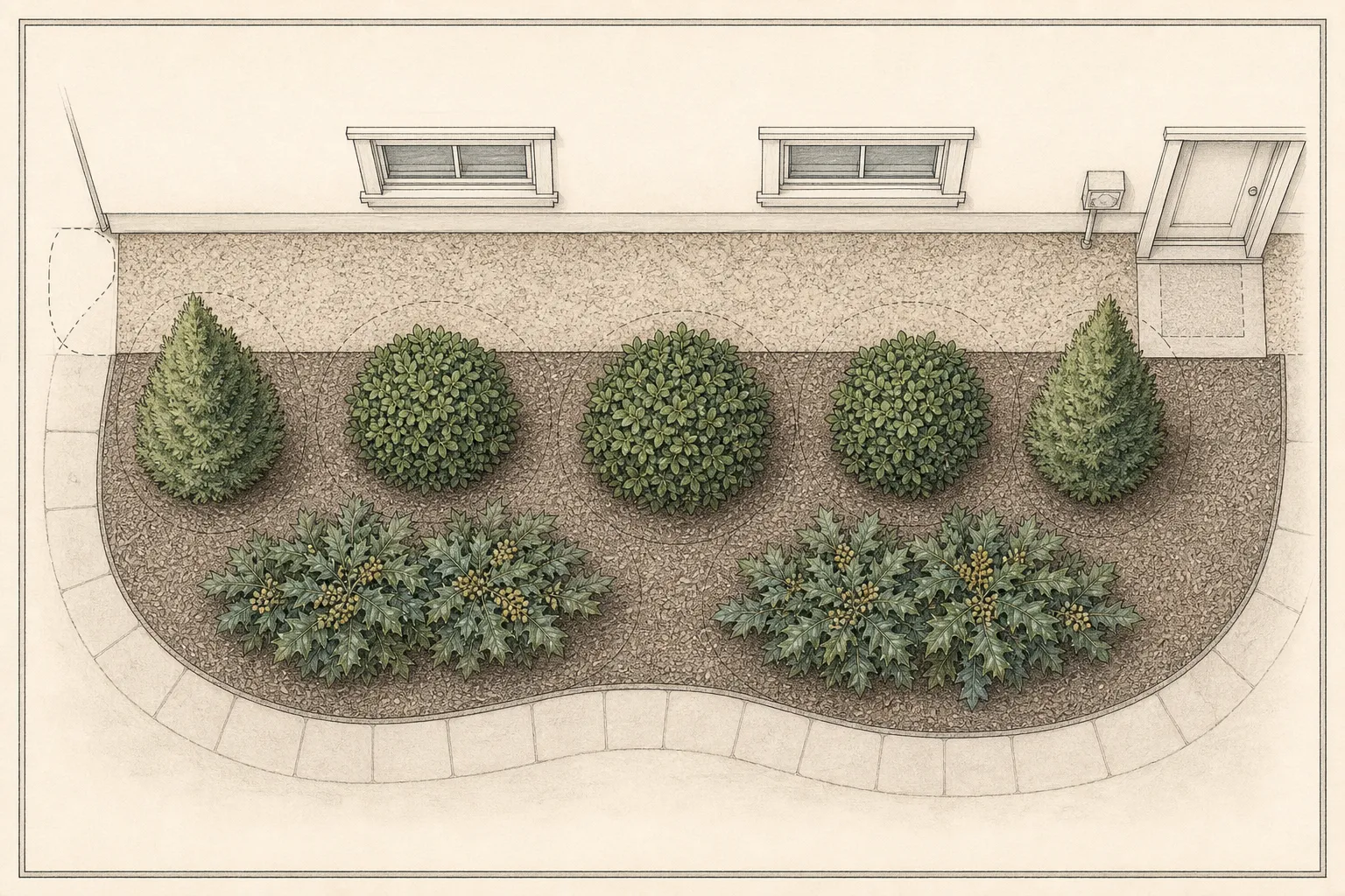 Overhead foundation plan with two conical cypresses, three rounded inkberries, two spreading Oregon grape-hollies, a clear wall strip, windows, door, and mature plant outlines