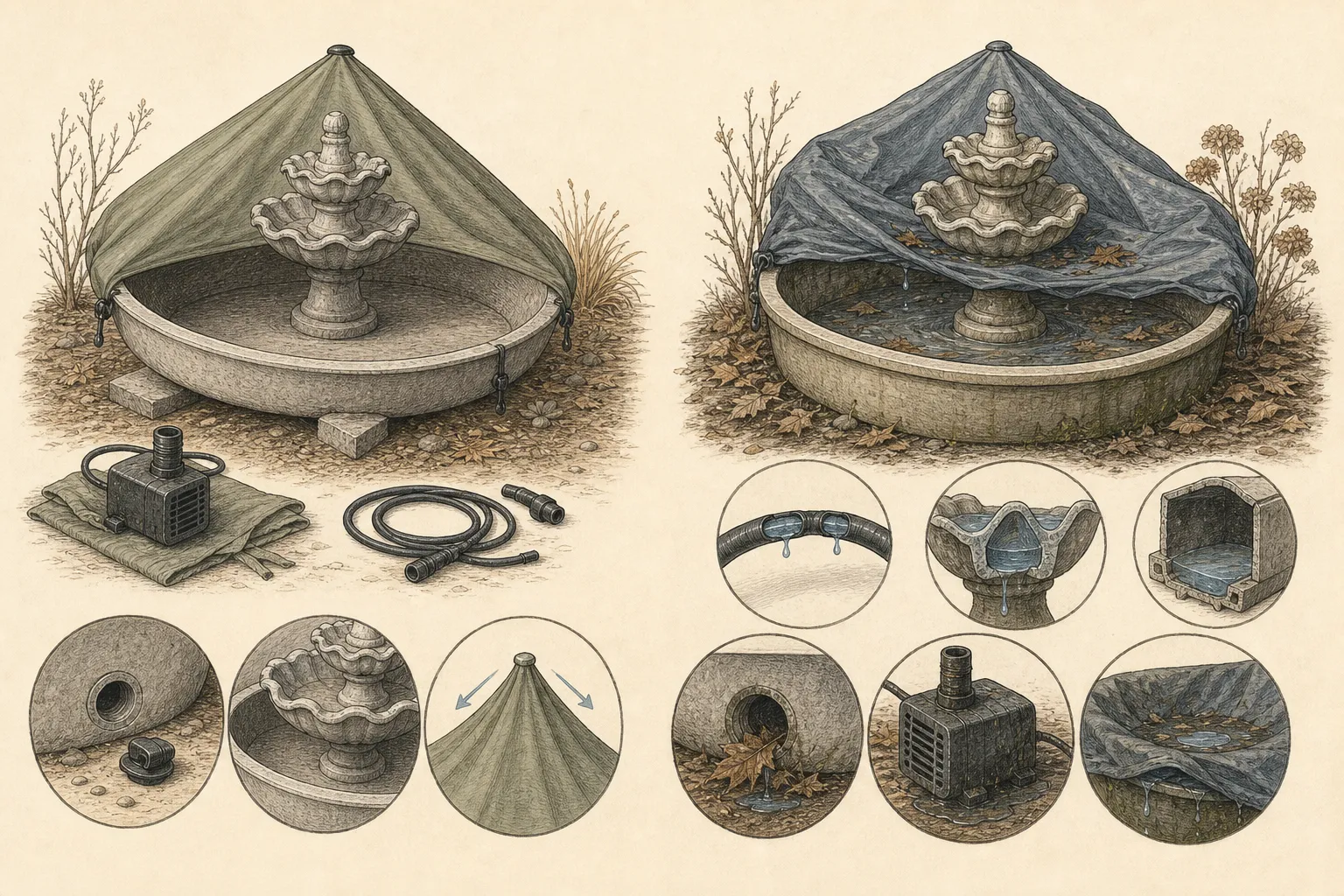 Comparison plate of a winter-ready fountain with open drains, dry components, and a taut breathable cover beside a fountain with trapped water and a sagging cover