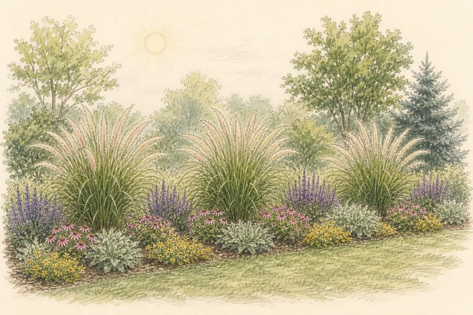 Garden placement study showing mature Fountain Grass in an ornamental planting
