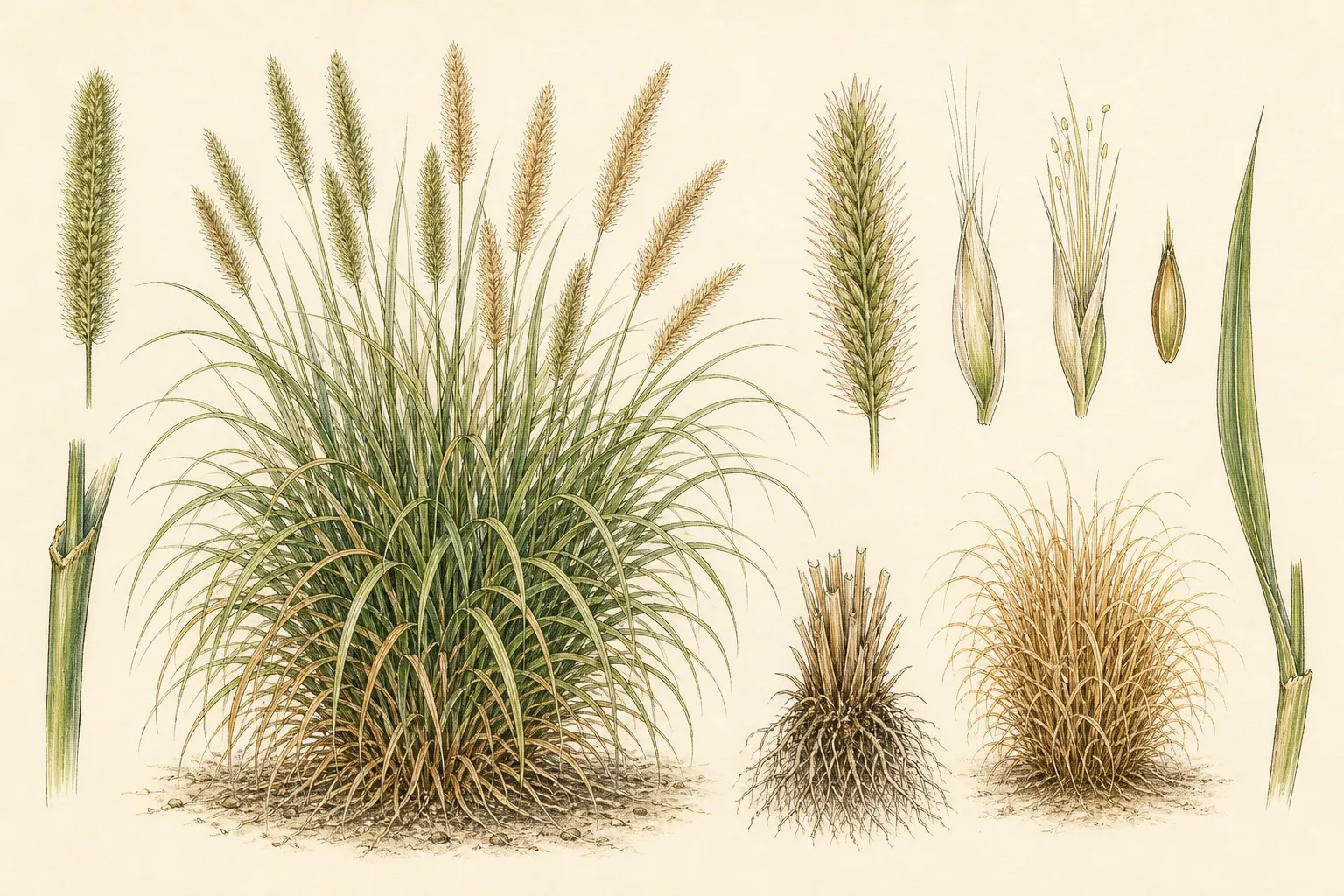 Botanical identification plate of Fountain Grass, Pennisetum alopecuroides