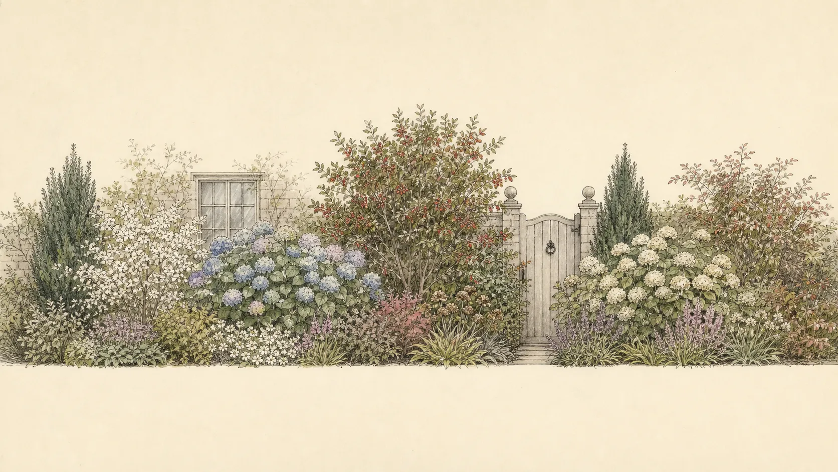 Long mixed hedge elevation with repeated structural shrubs, seasonal flowering and fruit, clear gate and window