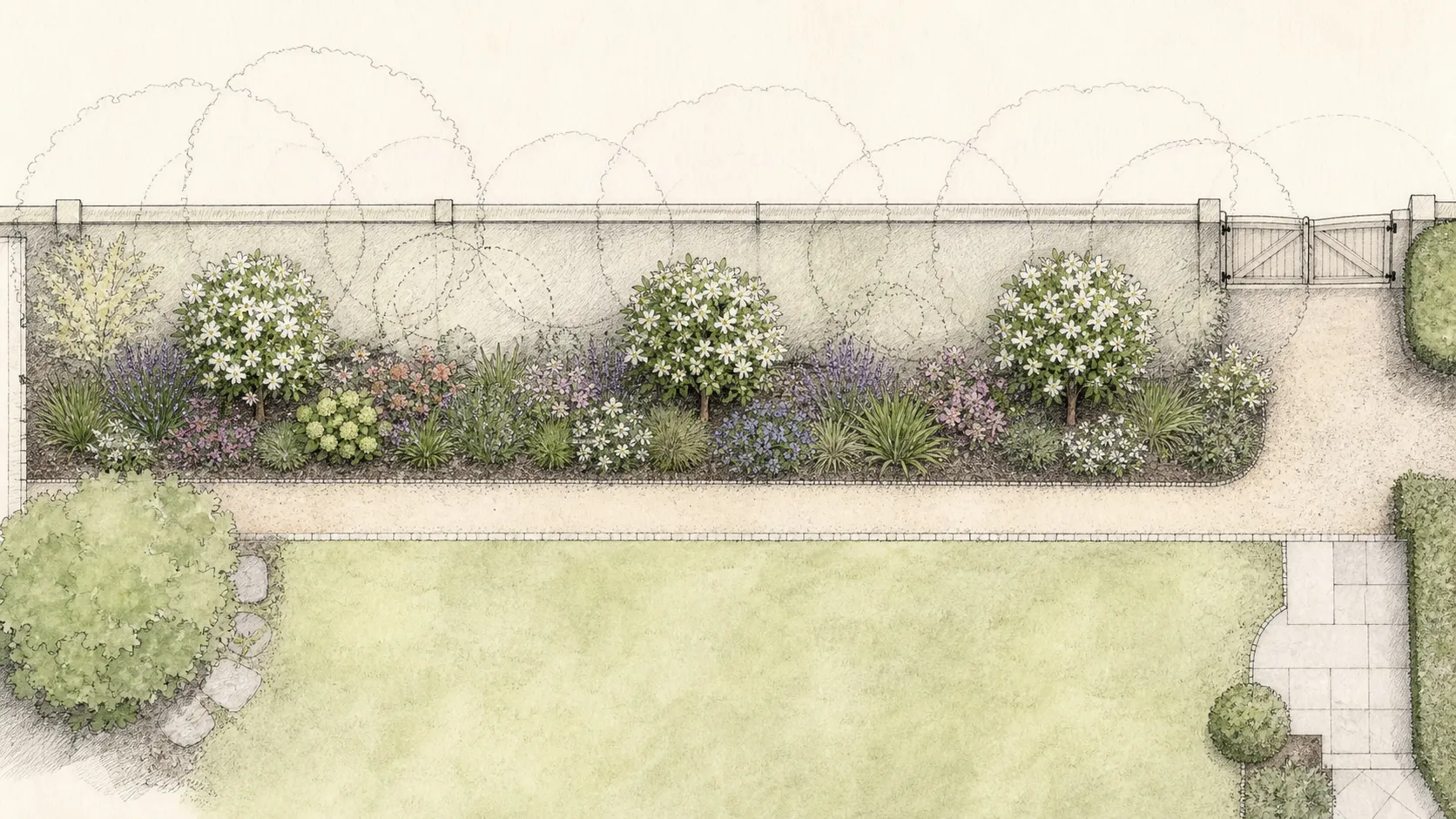 Top-down mixed hedge plan with staggered mature canopies, pruning access, open drainage and unobstructed gate