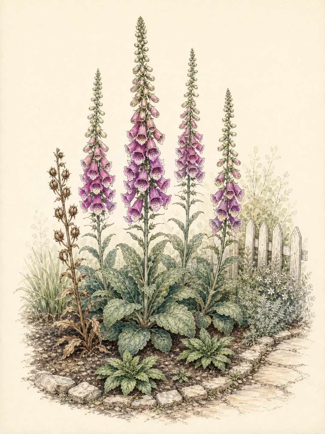 Second-year foxglove flower spikes with basal rosettes, a few developing capsules and young replacement rosettes nearby