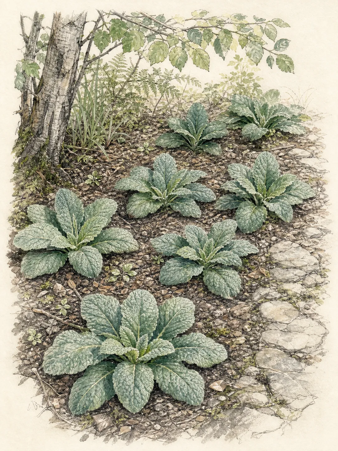 Several first-year foxglove rosettes spaced in bright dappled shade at a woodland edge