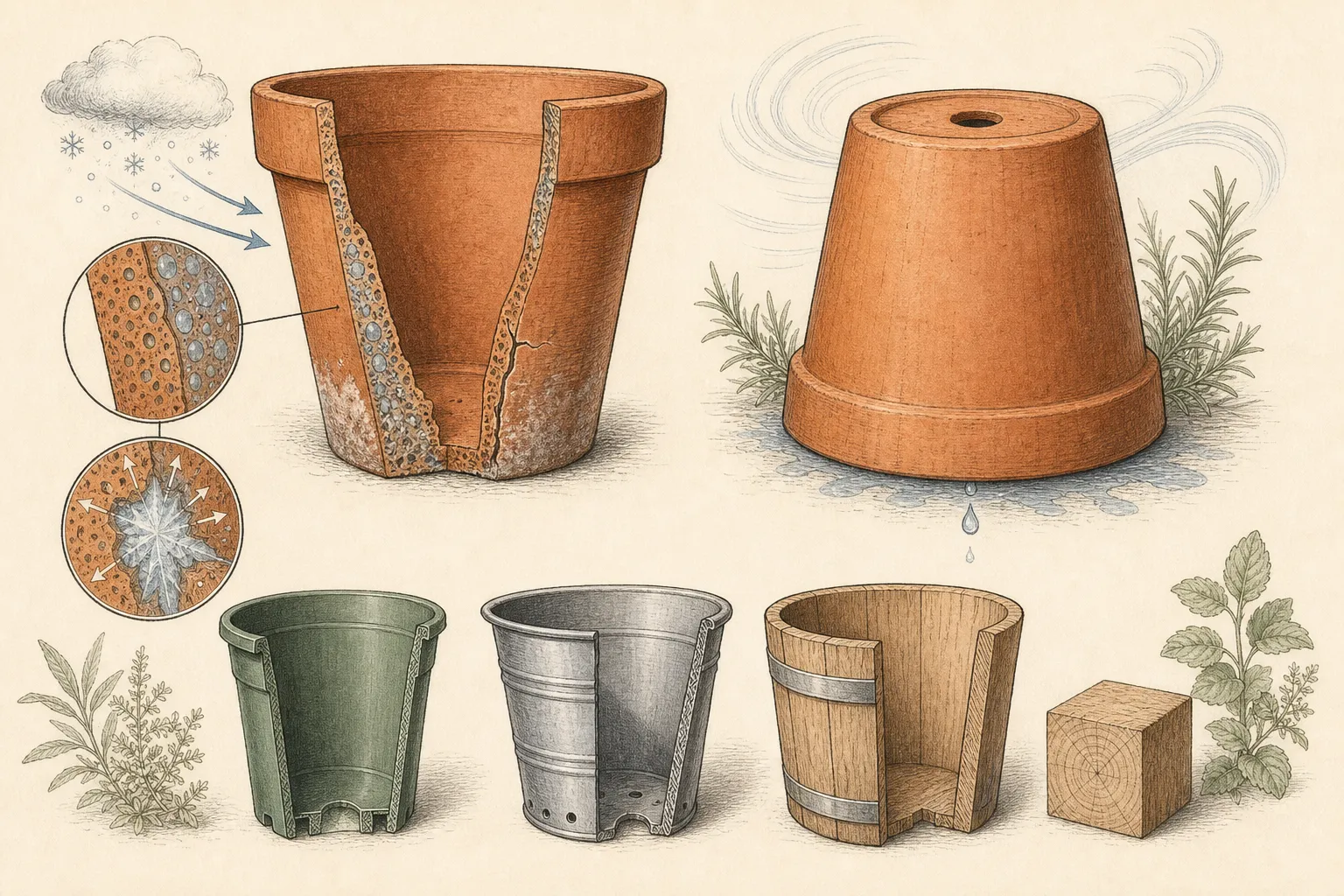 Cutaway comparison showing a porous pot with wet soil and ice pressure beside an empty dry pot with an open drainage hole