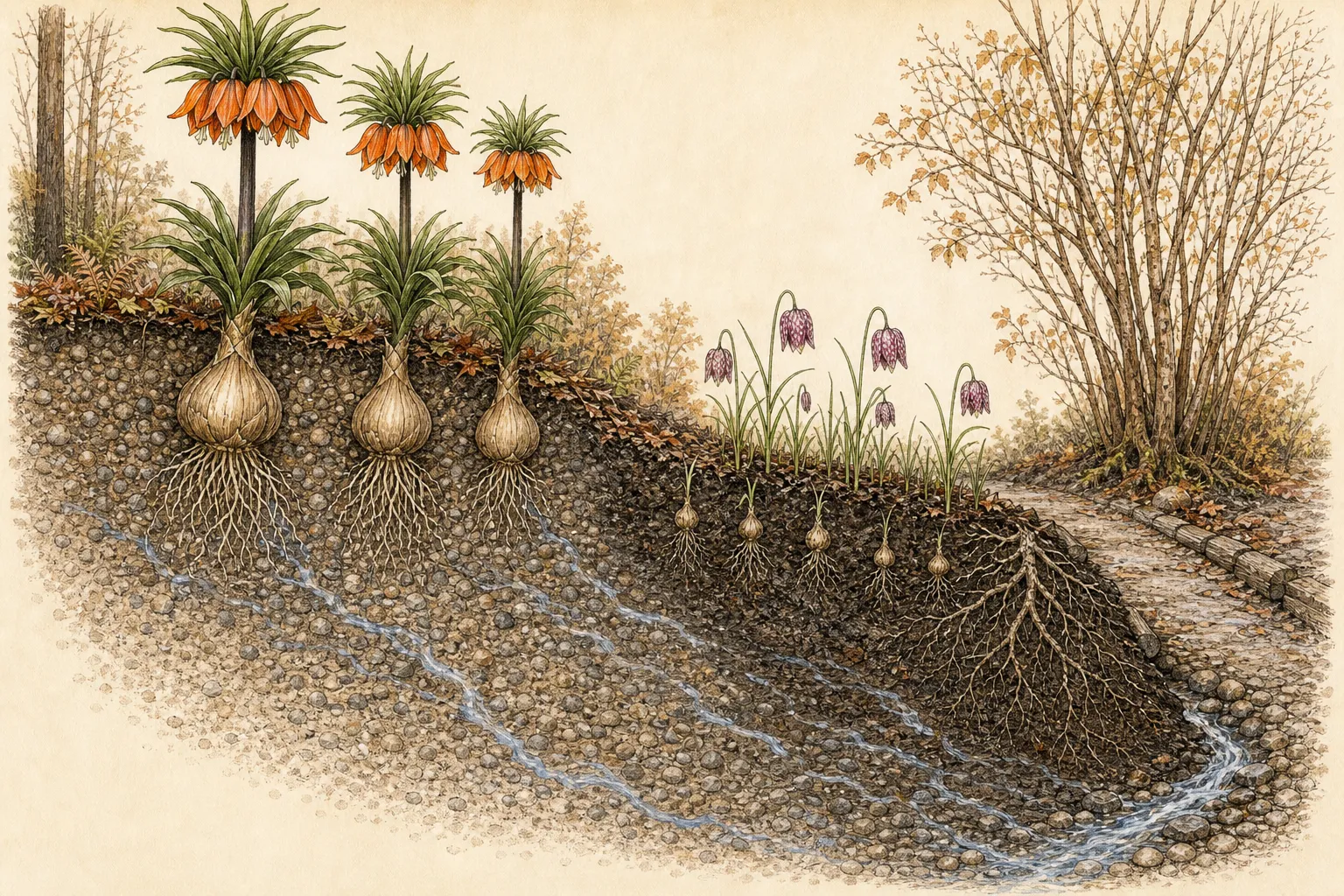 Continuous garden section showing crown imperial bulbs on a raised sunny shoulder and snake's-head fritillaries on a lower moist but draining edge