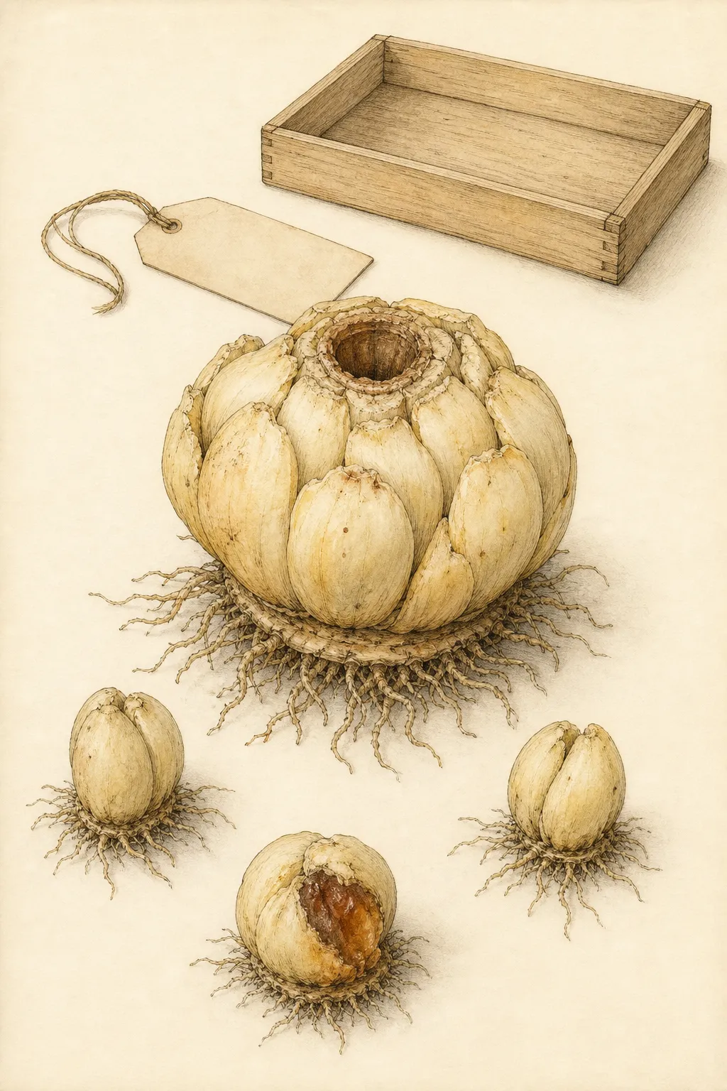 Botanical plate of sound fritillaria bulbs beside a soft damaged bulb and a crown imperial bulb with a central stem hollow