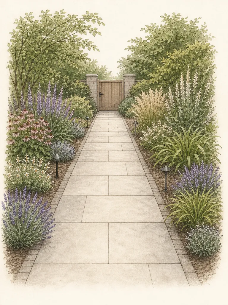Path-edge cutaway shows drip outlets inside the root zone, mulch below paving grade, and dry clear paving without spray overshoot