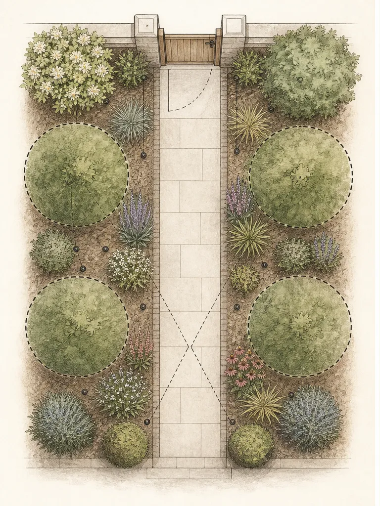 Overhead plan compares undersized nursery symbols with mature plant circles held behind a continuous clear strip beside the path