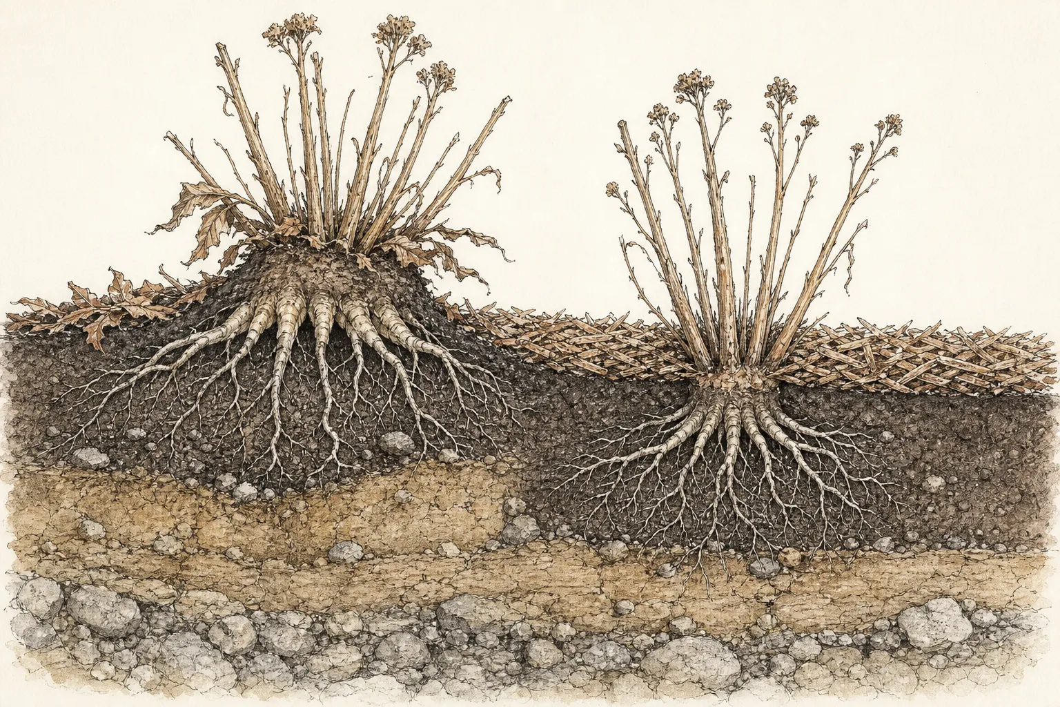 Soil cutaway comparing a perennial crown lifted above grade by frost with the same crown reset to continuous root contact