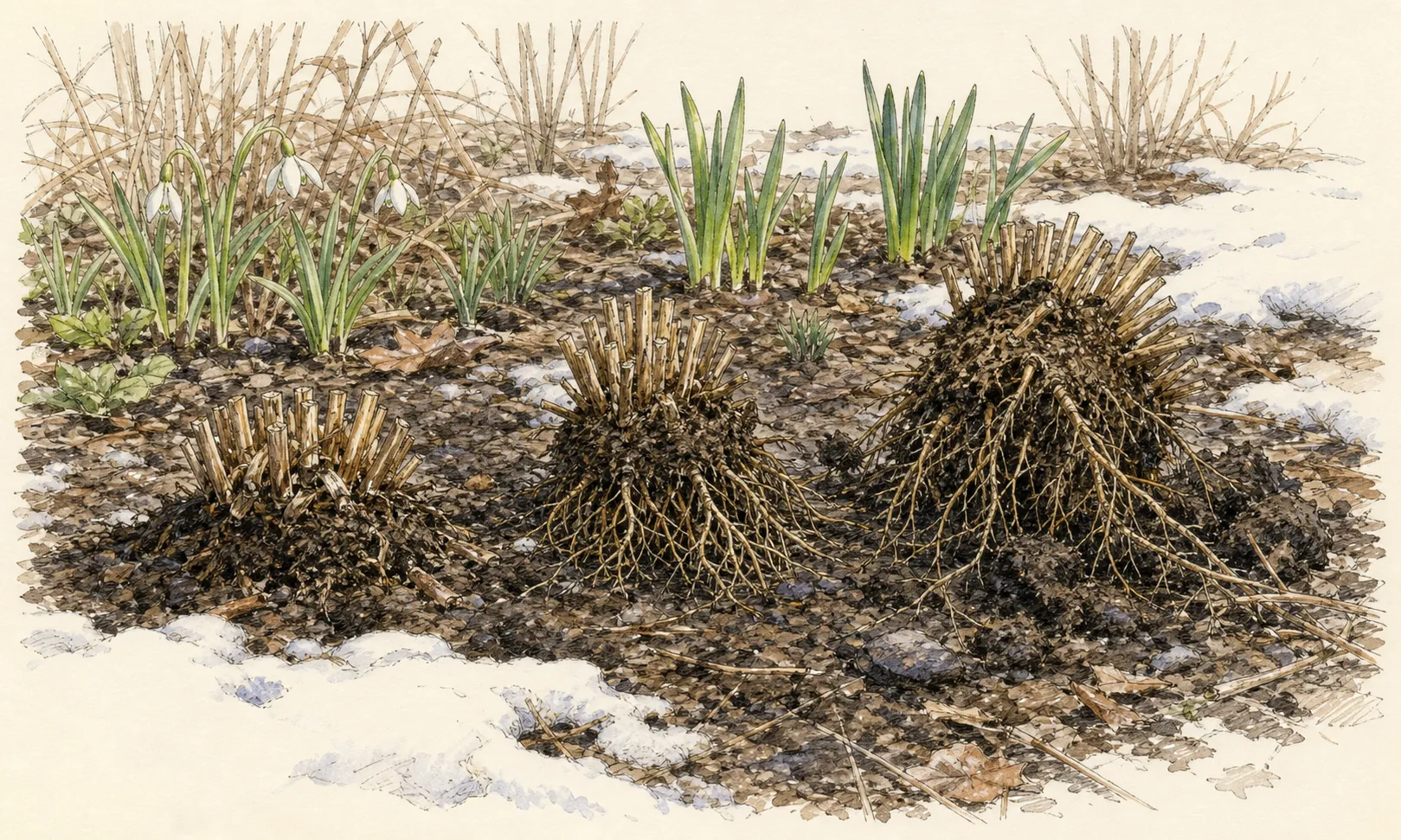 Early spring perennial bed showing secure, slightly lifted and badly loosened crowns after thaw
