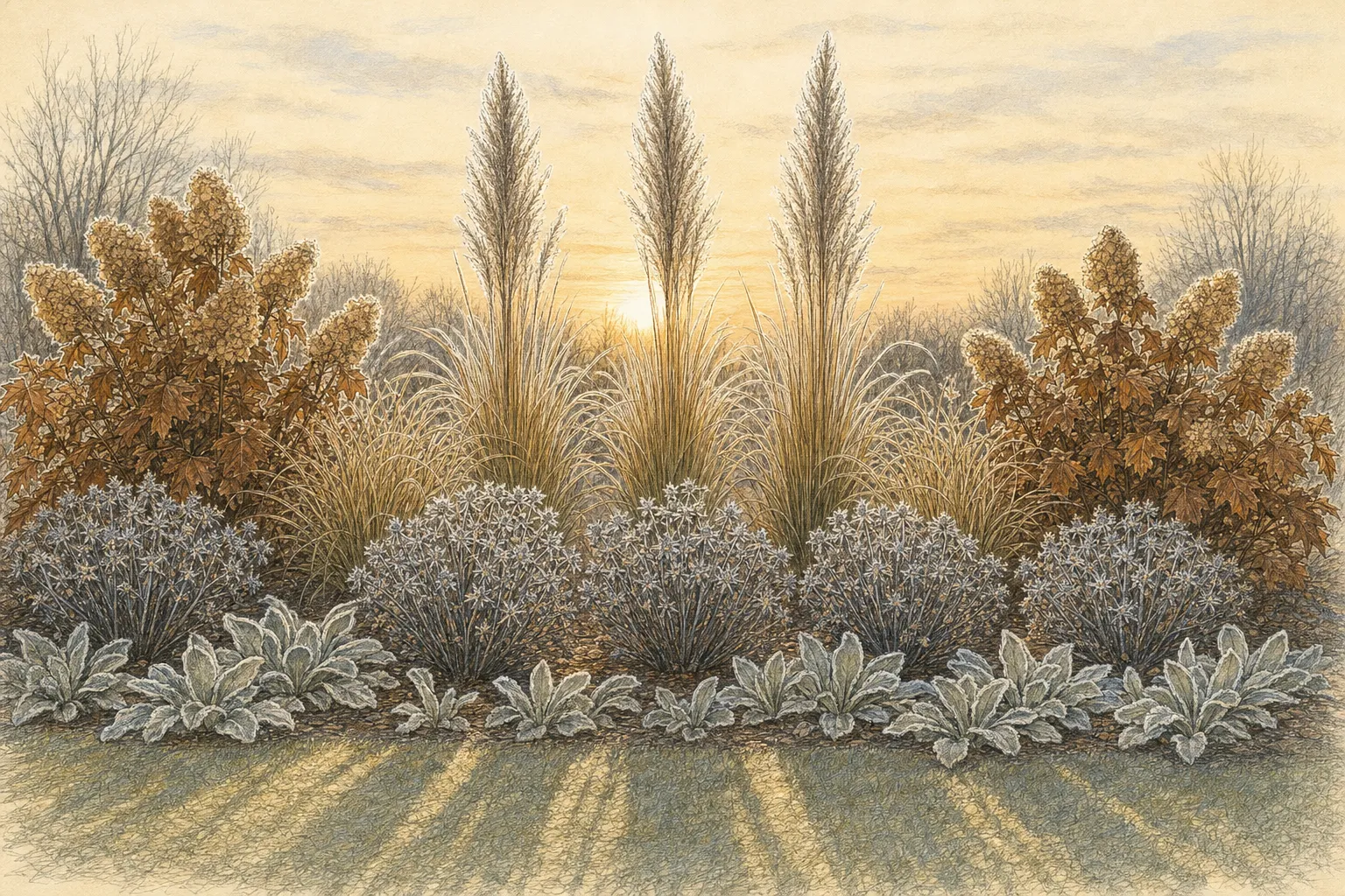 Hand-rendered east-facing garden at sunrise with frost outlining upright feather reed grass, airy Goldtau plumes, oakleaf hydrangea panicles, fine amsonia stems, and low woolly leaves
