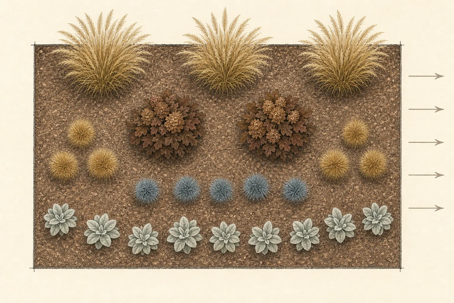 Overhead measured plan of an eighteen-by-fourteen-foot garden east of a window, with sunrise arrows, tall grass columns, hydrangea blocks, airy grass drifts, amsonia mounds, and a dry silver edge