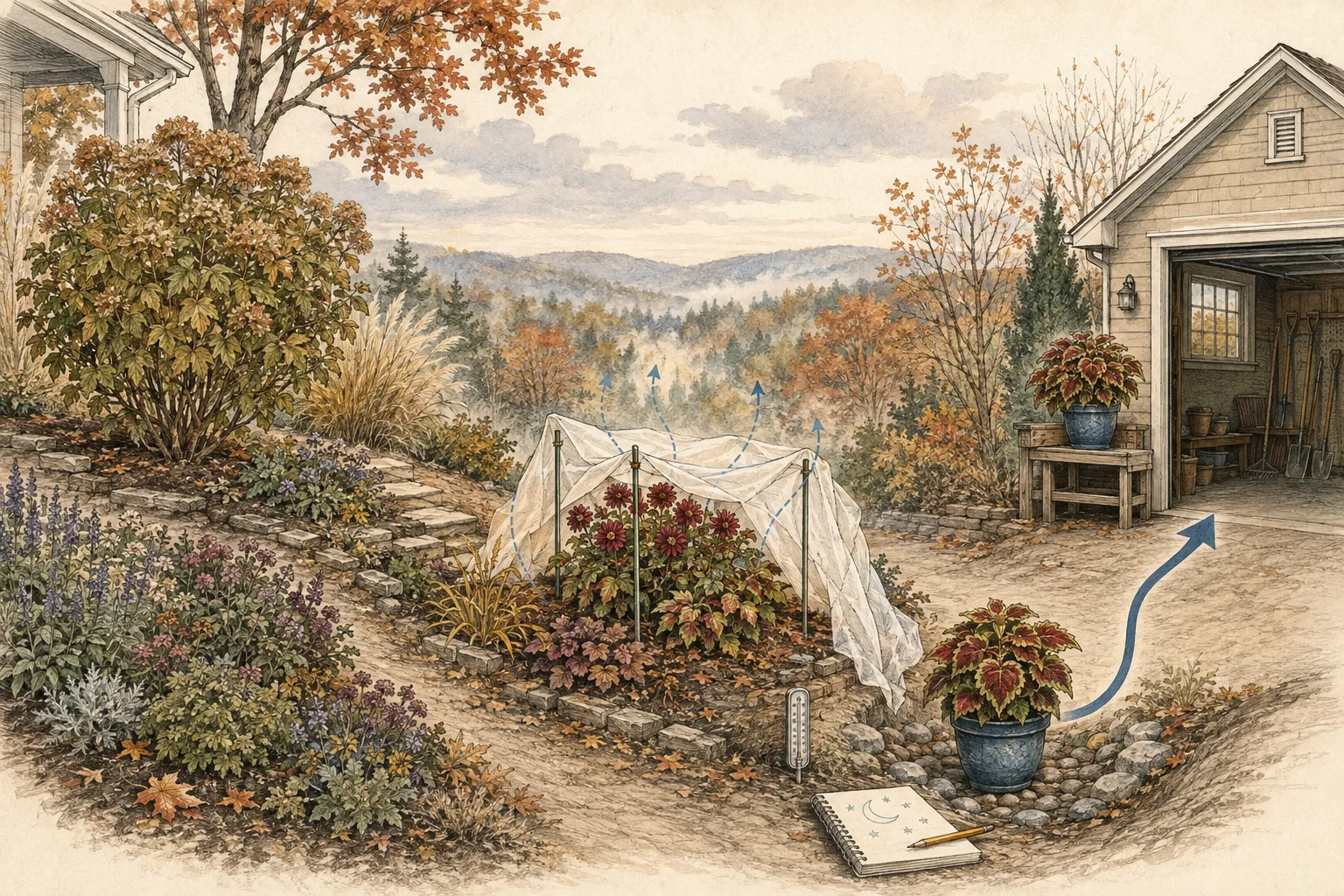 Hand-drawn autumn garden elevation comparing an uncovered hardy shrub on high ground, a supported frost cloth over an in-ground tender plant, and a potted plant moved toward shelter