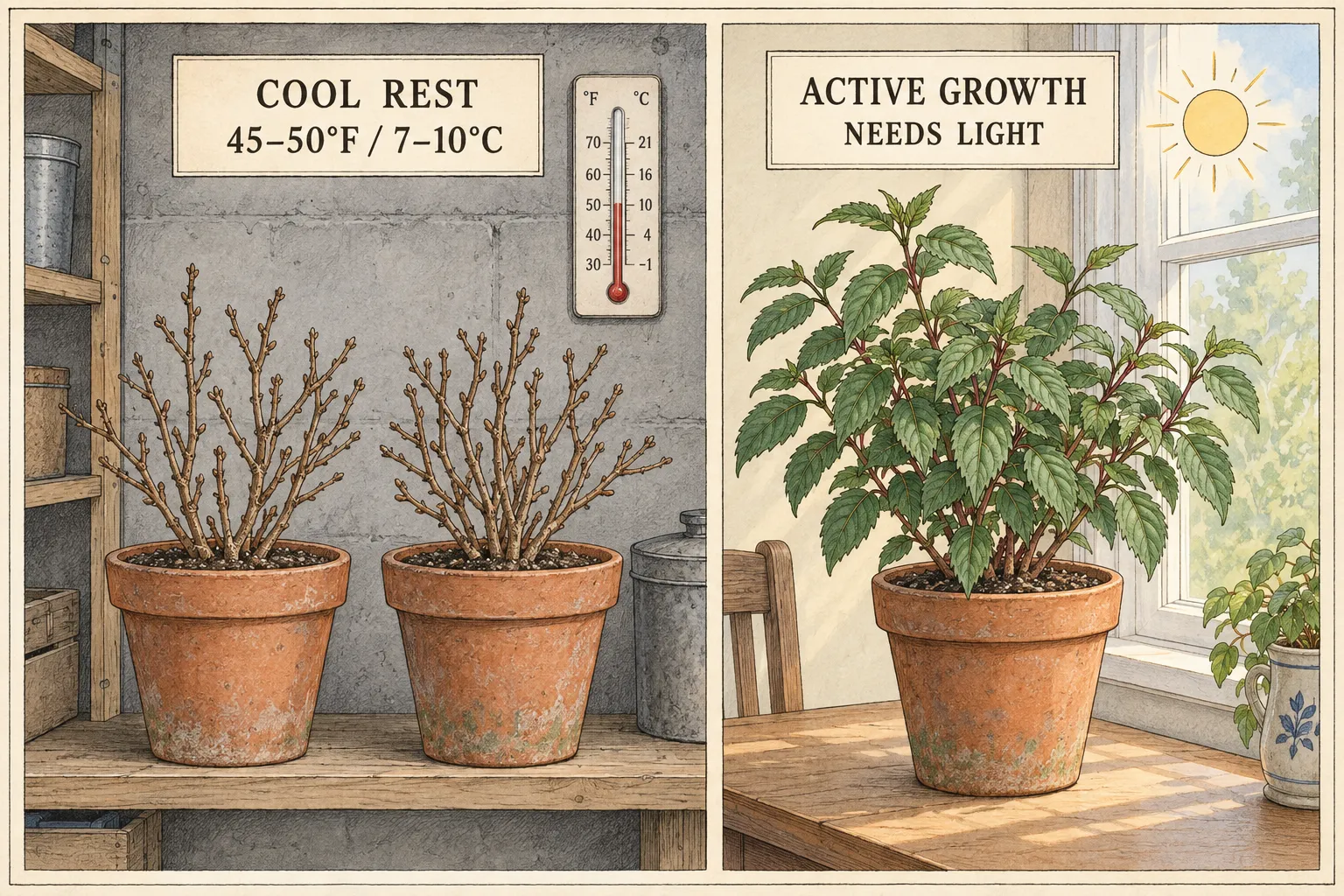 Leafless potted fuchsias in cool storage at 45–50°F beside a leafy fuchsia receiving window light