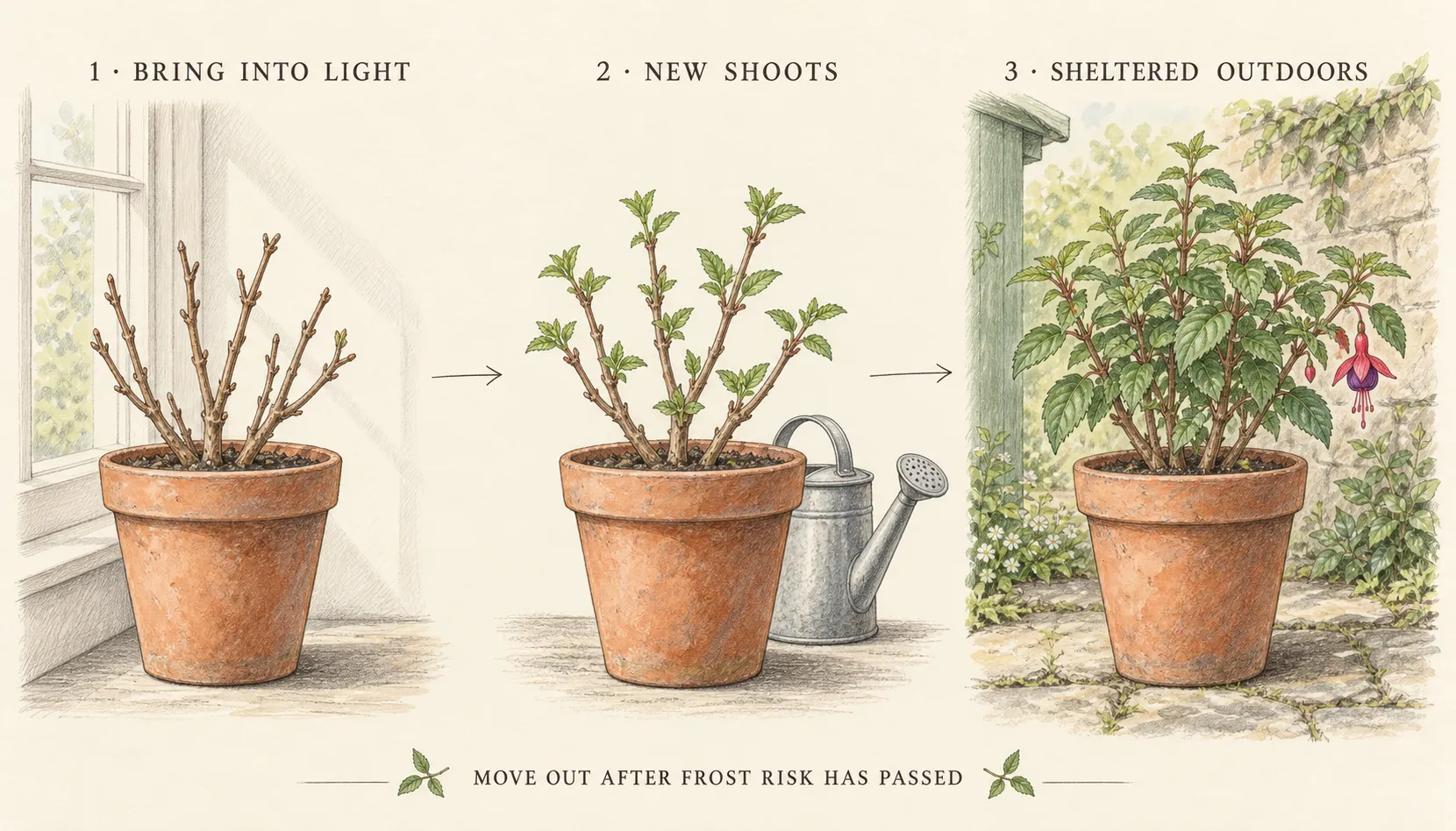 Three stages show a pruned fuchsia brought into window light, developing new shoots, and moving to a sheltered outdoor position