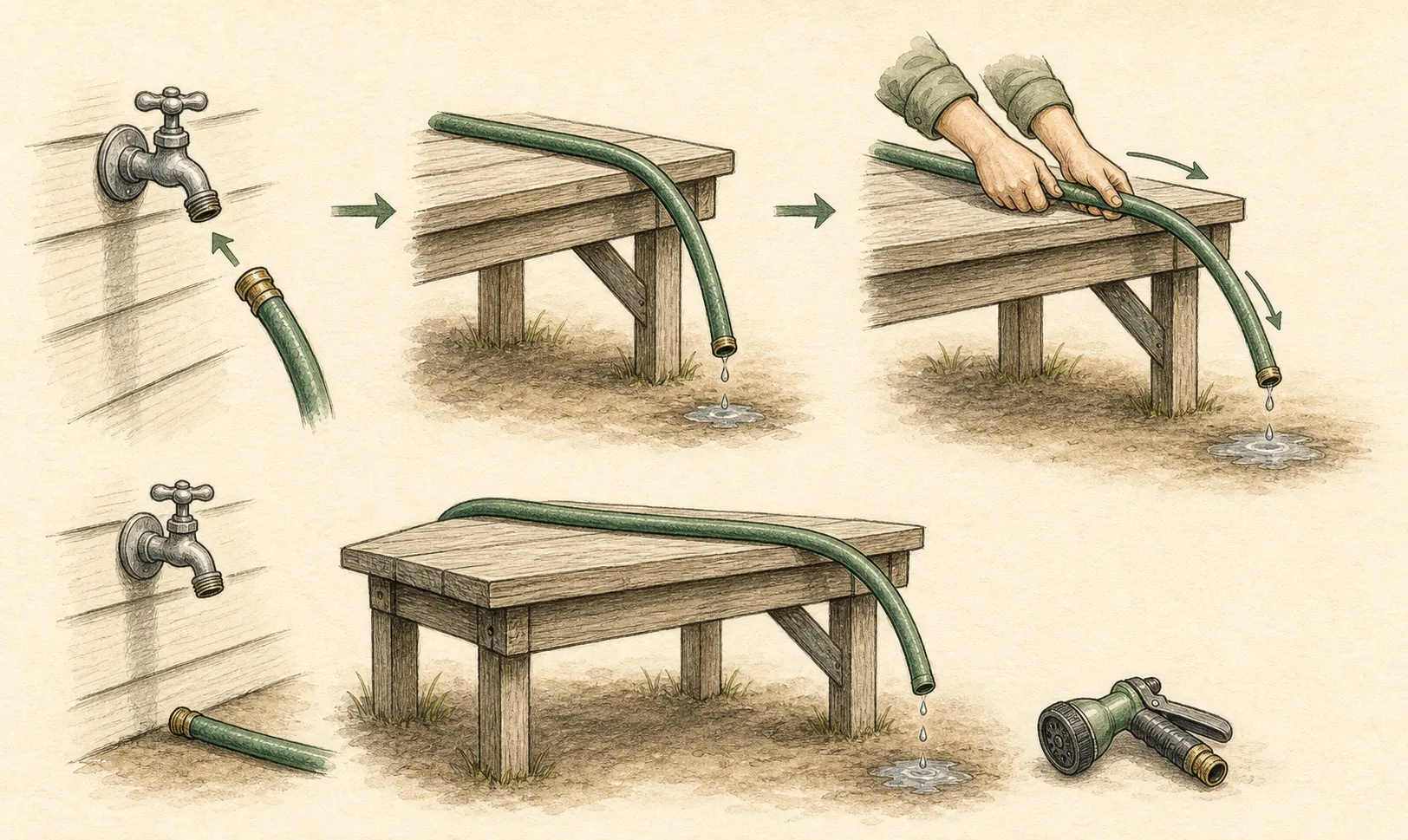 A process diagram showing a hose detached from the spigot, draped over a table to create a gravity drain, and walked out hand over hand until the last water leaves the far end