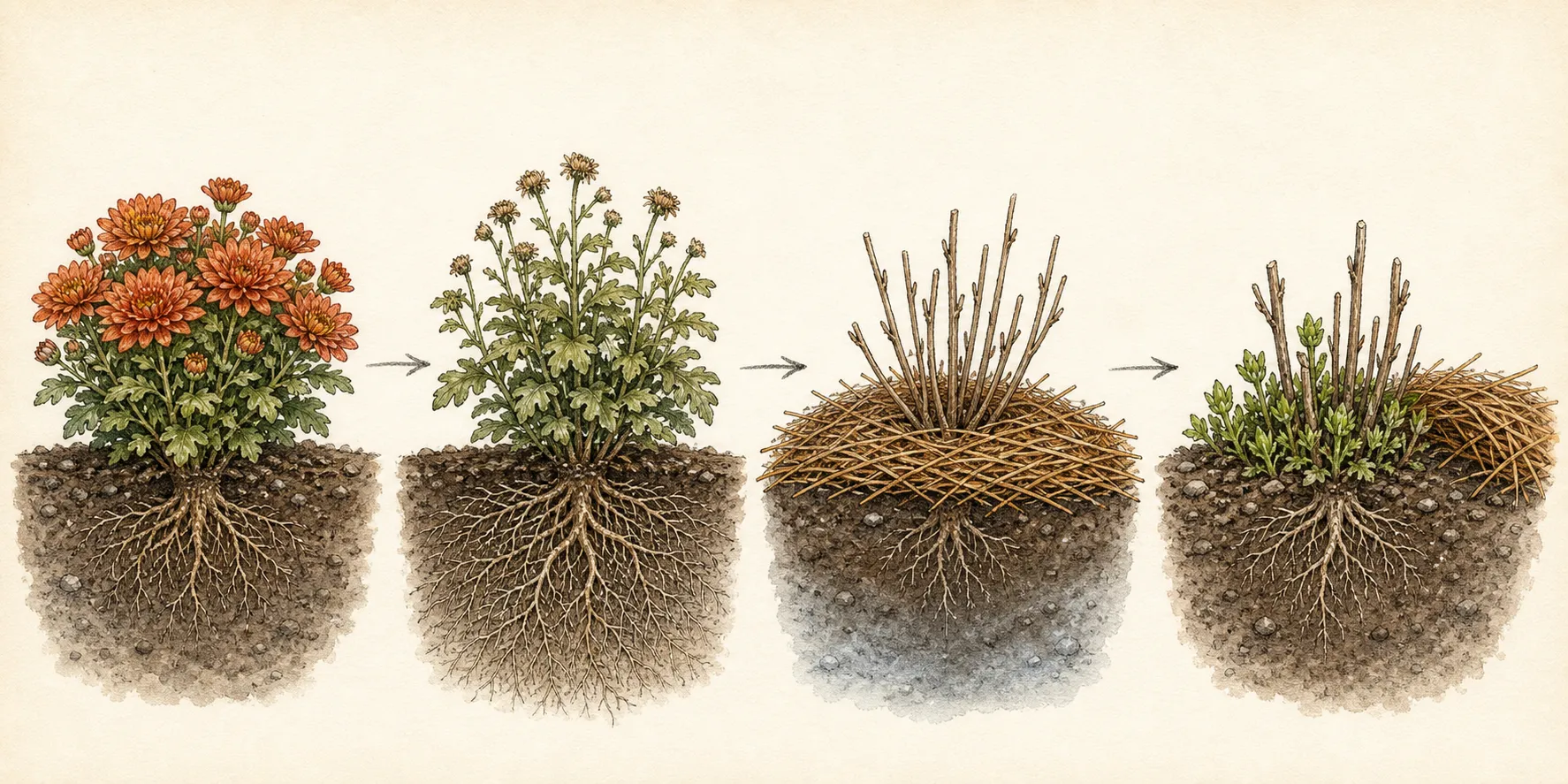Four-stage garden mum sequence from fall planting through root growth, winter standing stems and mulch, to spring shoots