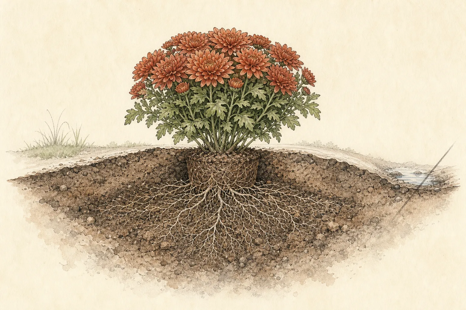 Copper-flowered garden mum planted at its original grade with fibrous roots spreading through drained soil above a low wet pocket