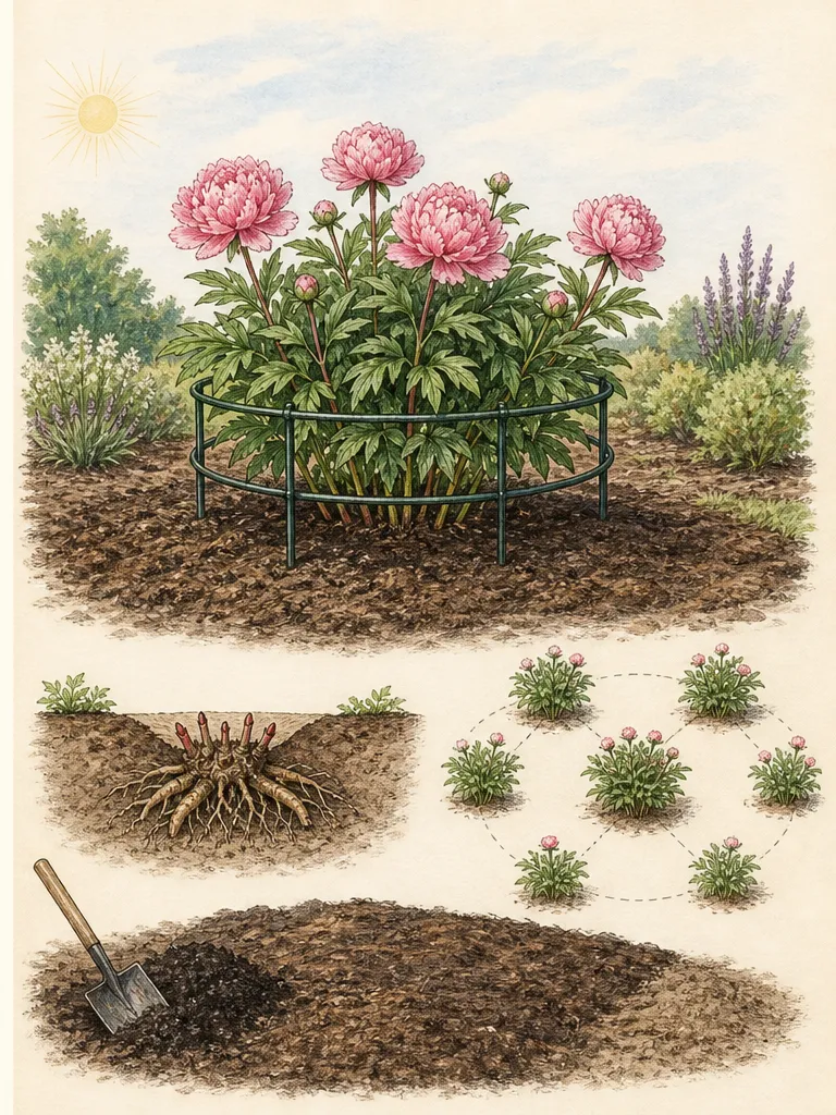 Soil section comparing shallow peony eyes at finished grade with eyes buried too deeply beneath added soil and mulch