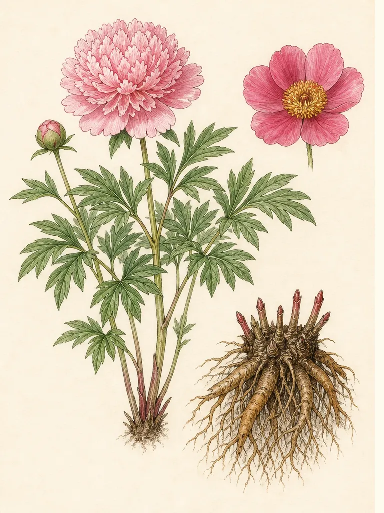 Garden peony plate showing an herbaceous clump, divided leaves, rounded bud, single flower and separate seed follicles