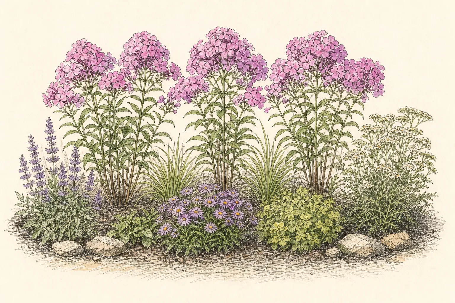 Garden study showing the placement and growth habit of Garden Phlox