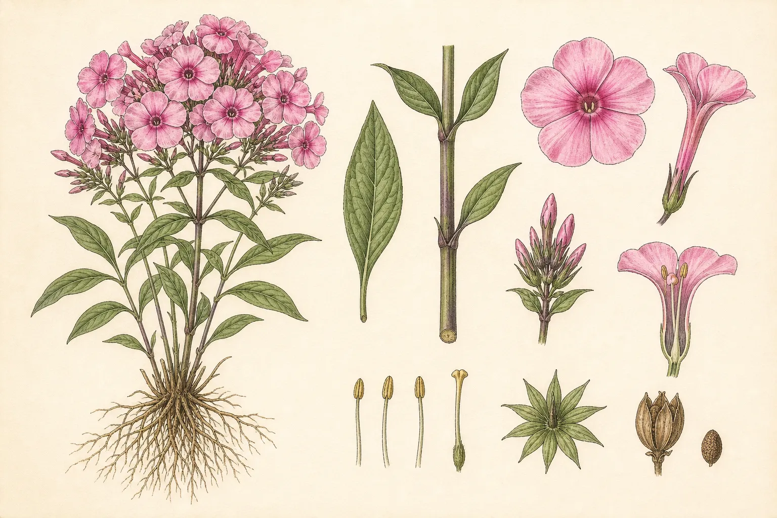 Botanical identification plate of Garden Phlox, Phlox paniculata