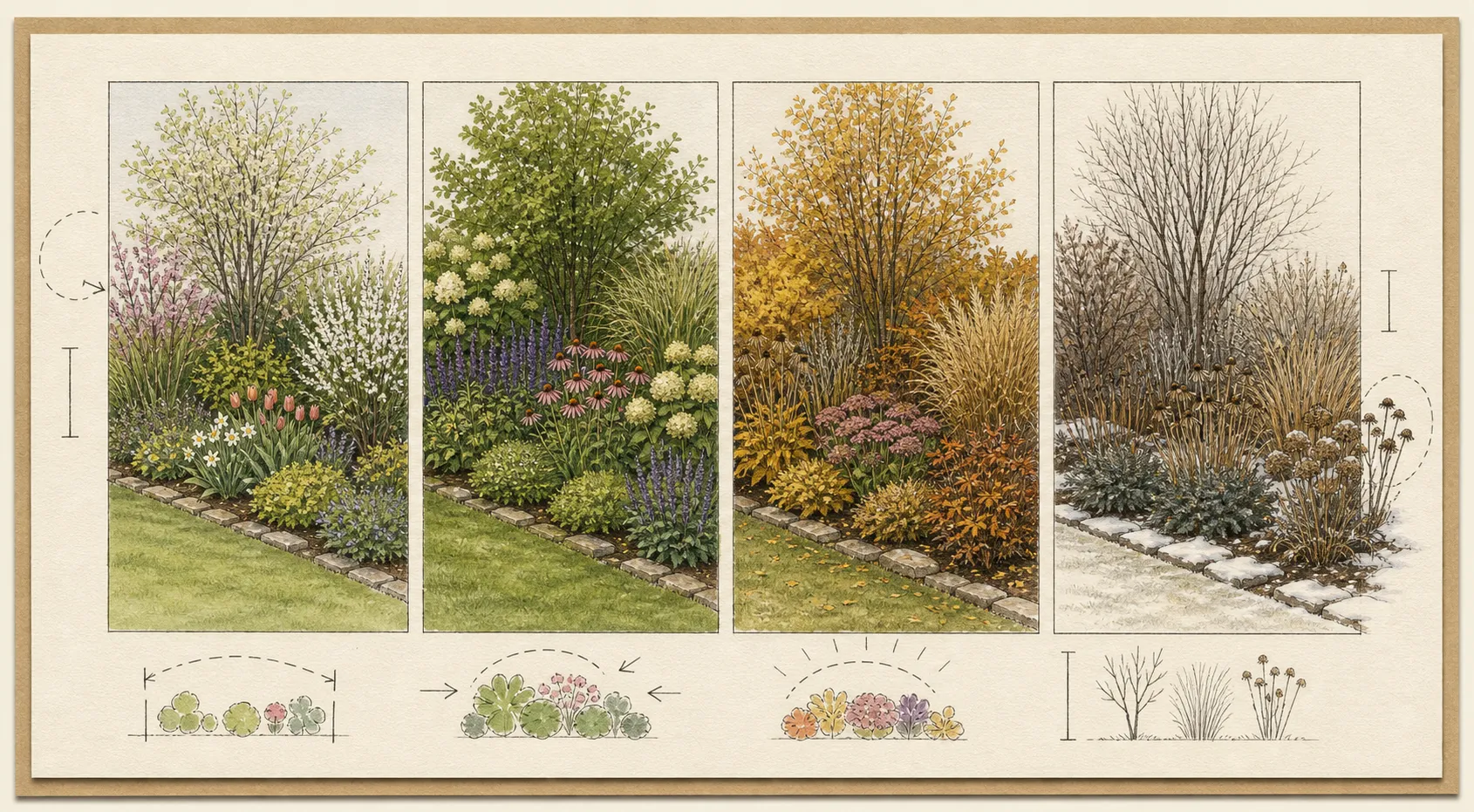 A four-season comparison board of one border with notes on spring gaps, summer congestion, autumn color, winter structure, and next-year actions written beside the images