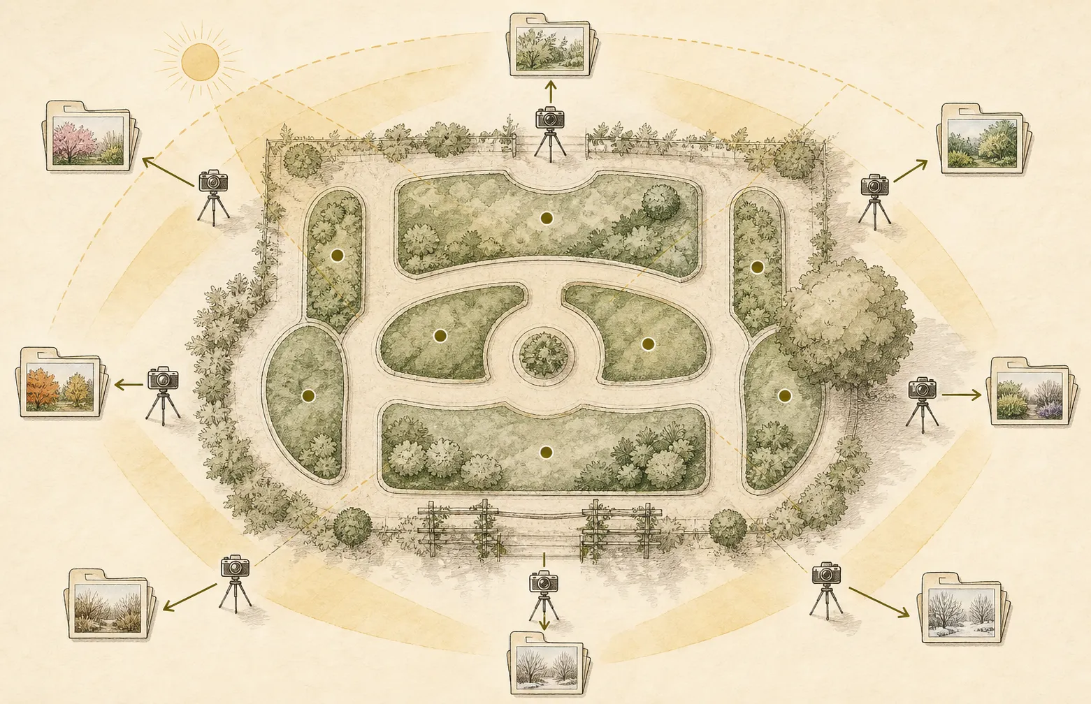 An overhead garden map marked with fixed camera stations, sunlight notes, bed labels, and arrows linking each station to a seasonal photo folder