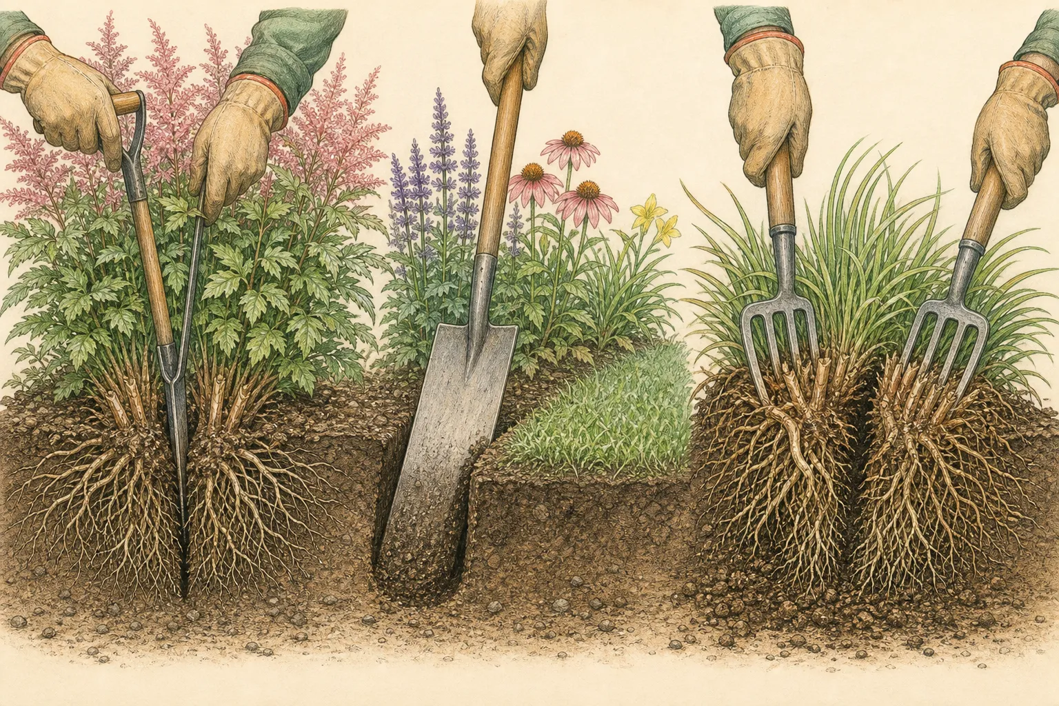 Comparison of upright shallow spade cuts around a perennial and unsafe twisting leverage against a buried obstruction